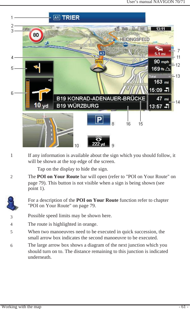                                     1   2      3 4 5  6              User’s manual NAVIGON 70/71                         If any information is available about the sign which you should follow, it will be shown at the top edge of the screen. Tap on the display to hide the sign. The POI on Your Route bar will open (refer to &quot;POI on Your Route&quot; on page 79). This button is not visible when a sign is being shown (see point 1).  For a description of the POI on Your Route function refer to chapter &quot;POI on Your Route&quot; on page 79.   Possible speed limits may be shown here. The route is highlighted in orange.   When two manoeuvres need to be executed in quick succession, the small arrow box indicates the second manoeuvre to be executed. The large arrow box shows a diagram of the next junction which you should turn on to. The distance remaining to this junction is indicated underneath.       Working with the map       - 61 - 