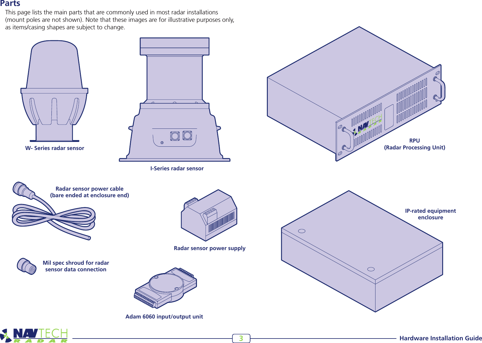 Hardware Installation Guide3PartsThis page lists the main parts that are commonly used in most radar installations (mount poles are not shown). Note that these images are for illustrative purposes only, as items/casing shapes are subject to change.W- Series radar sensorI-Series radar sensorRPU  (Radar Processing Unit)IP-rated equipment enclosureAdam 6060 input/output unitRadar sensor power cable (bare ended at enclosure end)Mil spec shroud for radar sensor data connectionRadar sensor power supply