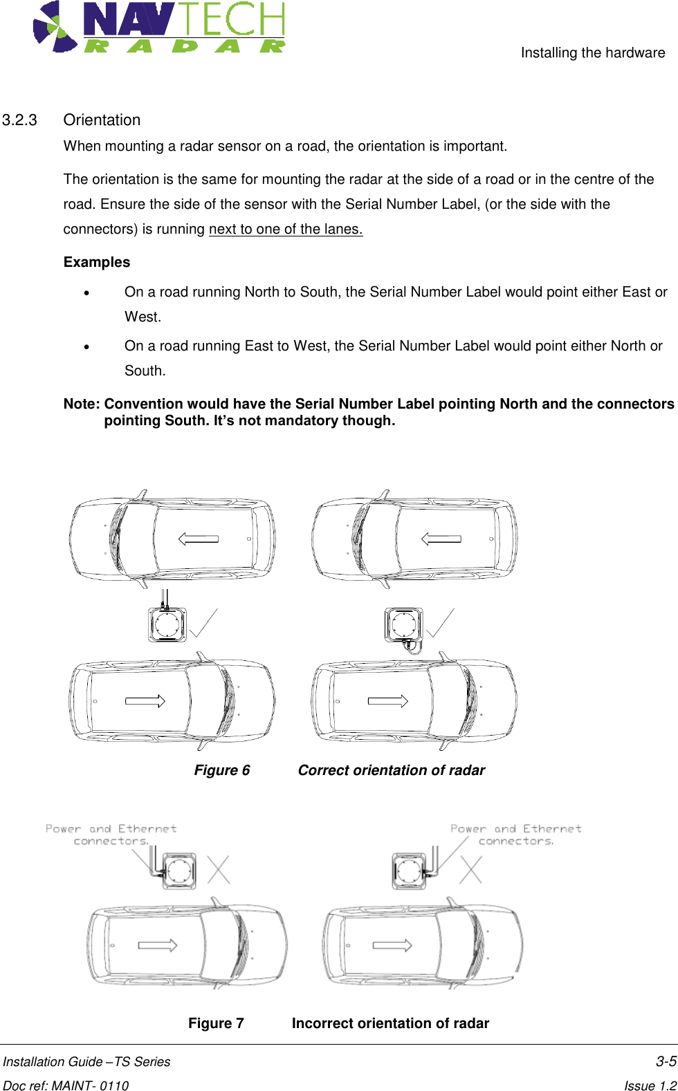     Installing the hardware  Installation Guide –TS Series    3-5  Doc ref: MAINT- 0110    Issue 1.2 3.2.3  Orientation When mounting a radar sensor on a road, the orientation is important.  The orientation is the same for mounting the radar at the side of a road or in the centre of the road. Ensure the side of the sensor with the Serial Number Label, (or the side with the connectors) is running next to one of the lanes. Examples   On a road running North to South, the Serial Number Label would point either East or West.  On a road running East to West, the Serial Number Label would point either North or South. Note: Convention would have the Serial Number Label pointing North and the connectors pointing South. It’s not mandatory though.    Figure 6  Correct orientation of radar   Figure 7   Incorrect orientation of radar 