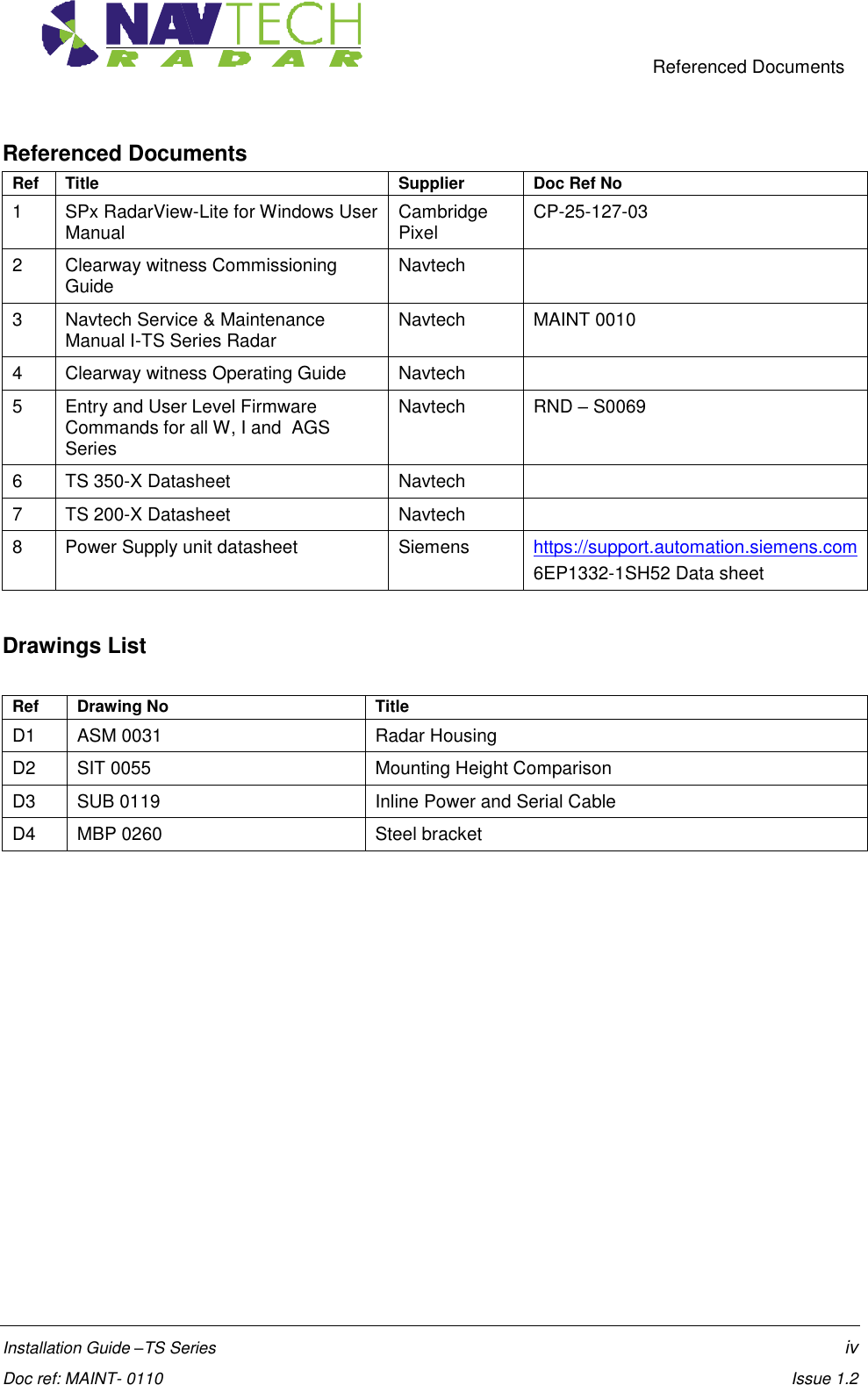     Referenced Documents  Installation Guide –TS Series    iv  Doc ref: MAINT- 0110    Issue 1.2 Referenced Documents Ref Title Supplier Doc Ref No 1 SPx RadarView-Lite for Windows User Manual Cambridge Pixel CP-25-127-03 2 Clearway witness Commissioning Guide  Navtech  3 Navtech Service &amp; Maintenance Manual I-TS Series Radar Navtech MAINT 0010 4 Clearway witness Operating Guide Navtech  5 Entry and User Level Firmware Commands for all W, I and  AGS Series  Navtech RND – S0069 6 TS 350-X Datasheet Navtech  7 TS 200-X Datasheet Navtech  8 Power Supply unit datasheet Siemens https://support.automation.siemens.com 6EP1332-1SH52 Data sheet  Drawings List   Ref Drawing No Title D1 ASM 0031 Radar Housing D2 SIT 0055 Mounting Height Comparison D3 SUB 0119 Inline Power and Serial Cable  D4 MBP 0260 Steel bracket    