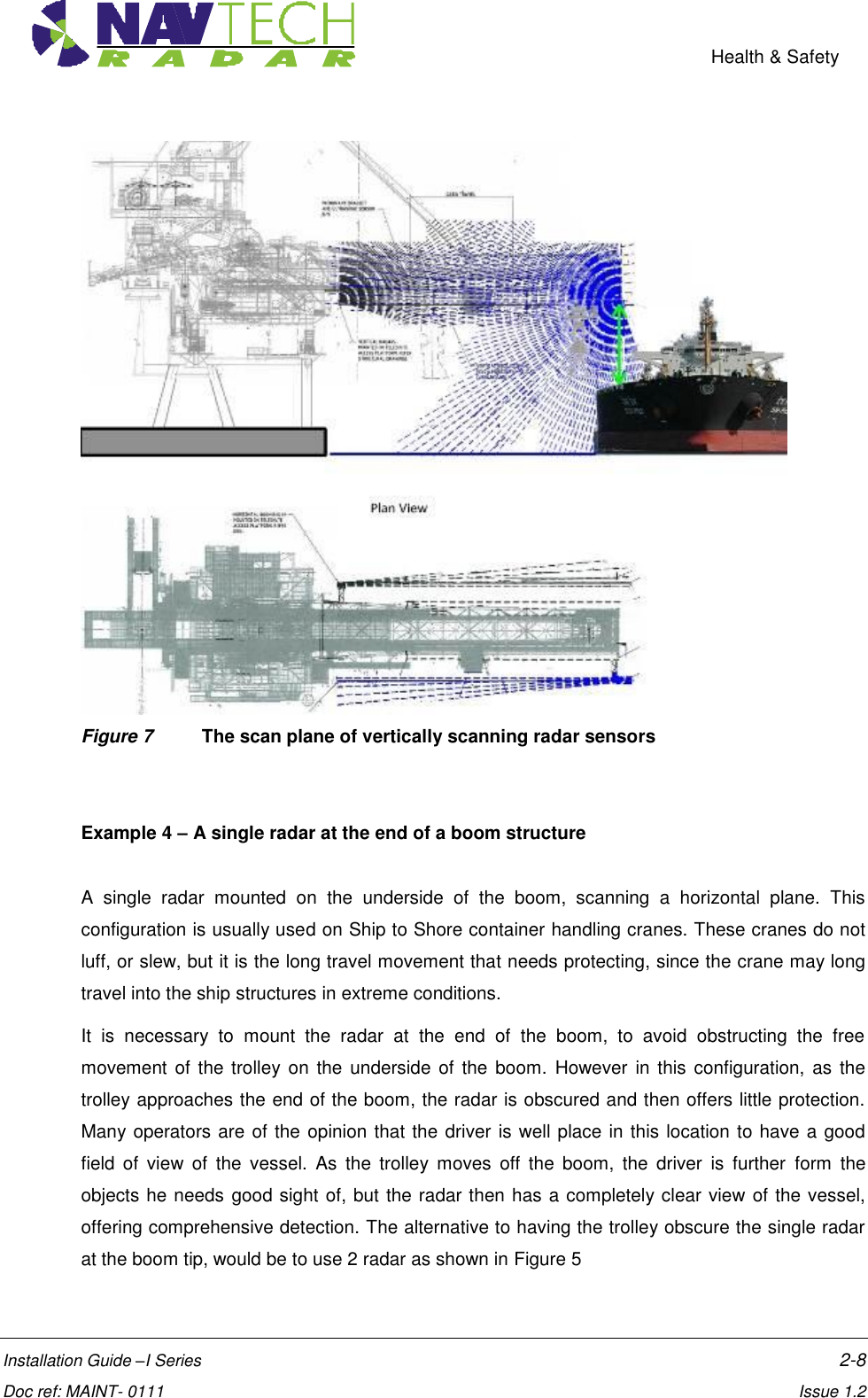    Health &amp; Safety  Installation Guide –I Series    2-8  Doc ref: MAINT- 0111    Issue 1.2  Figure 7  The scan plane of vertically scanning radar sensors    Example 4 – A single radar at the end of a boom structure  A  single  radar  mounted  on  the  underside  of  the  boom,  scanning  a  horizontal  plane.  This configuration is usually used on Ship to Shore container handling cranes. These cranes do not luff, or slew, but it is the long travel movement that needs protecting, since the crane may long travel into the ship structures in extreme conditions. It  is  necessary  to  mount  the  radar  at  the  end  of  the  boom,  to  avoid  obstructing  the  free movement  of the trolley on  the  underside of  the  boom.  However  in  this  configuration,  as  the trolley approaches the end of the boom, the radar is obscured and then offers little protection. Many operators are of the opinion that the driver is well place in this location to have a good field  of  view  of  the  vessel.  As  the  trolley  moves  off  the  boom,  the  driver  is  further  form  the objects he needs good sight of, but the radar then has a completely clear view of the vessel, offering comprehensive detection. The alternative to having the trolley obscure the single radar at the boom tip, would be to use 2 radar as shown in Figure 5 