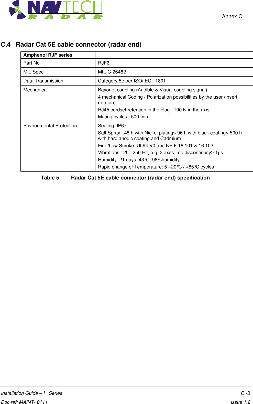    Annex C  Installation Guide – I   Series    C -3  Doc ref: MAINT- 0111    Issue 1.2 C.4   Radar Cat 5E cable connector (radar end) Amphenol RJF series    Part No RJF6 MIL Spec MIL-C-26482 Data Transmission Category 5e per ISO/IEC 11801 Mechanical Bayonet coupling (Audible &amp; Visual coupling signal)  4 mechanical Coding / Polarization possibilities by the user (insert rotation) RJ45 cordset retention in the plug : 100 N in the axis Mating cycles : 500 min  Environmental Protection  Sealing: IP67  Salt Spray : 48 h with Nickel plating&gt; 96 h with black coating&gt; 500 h with hard anodic coating and Cadmium Fire /Low Smoke: UL94 V0 and NF F 16 101 &amp; 16 102 Vibrations : 25 –250 Hz, 5 g, 3 axes : no discontinuity&gt; 1μs Humidity: 21 days, 43°C, 98%humidity Rapid change of Temperature: 5 –20°C / +85°C cycles  Table 5  Radar Cat 5E cable connector (radar end) specification   