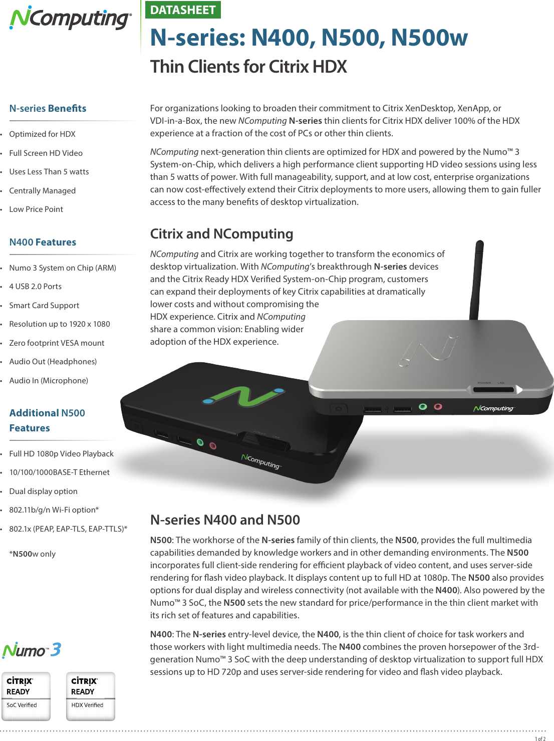 Page 1 of 2 - Ncomputing Ncomputing-N-Series-N400-N500-And-N500W-Datasheet-  Ncomputing-n-series-n400-n500-and-n500w-datasheet