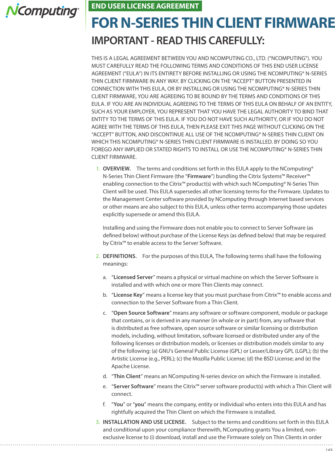 Page 1 of 8 - Ncomputing Ncomputing-N-Series-Thin-Client-Firmware-End-User-License-Agreement-  Ncomputing-n-series-thin-client-firmware-end-user-license-agreement