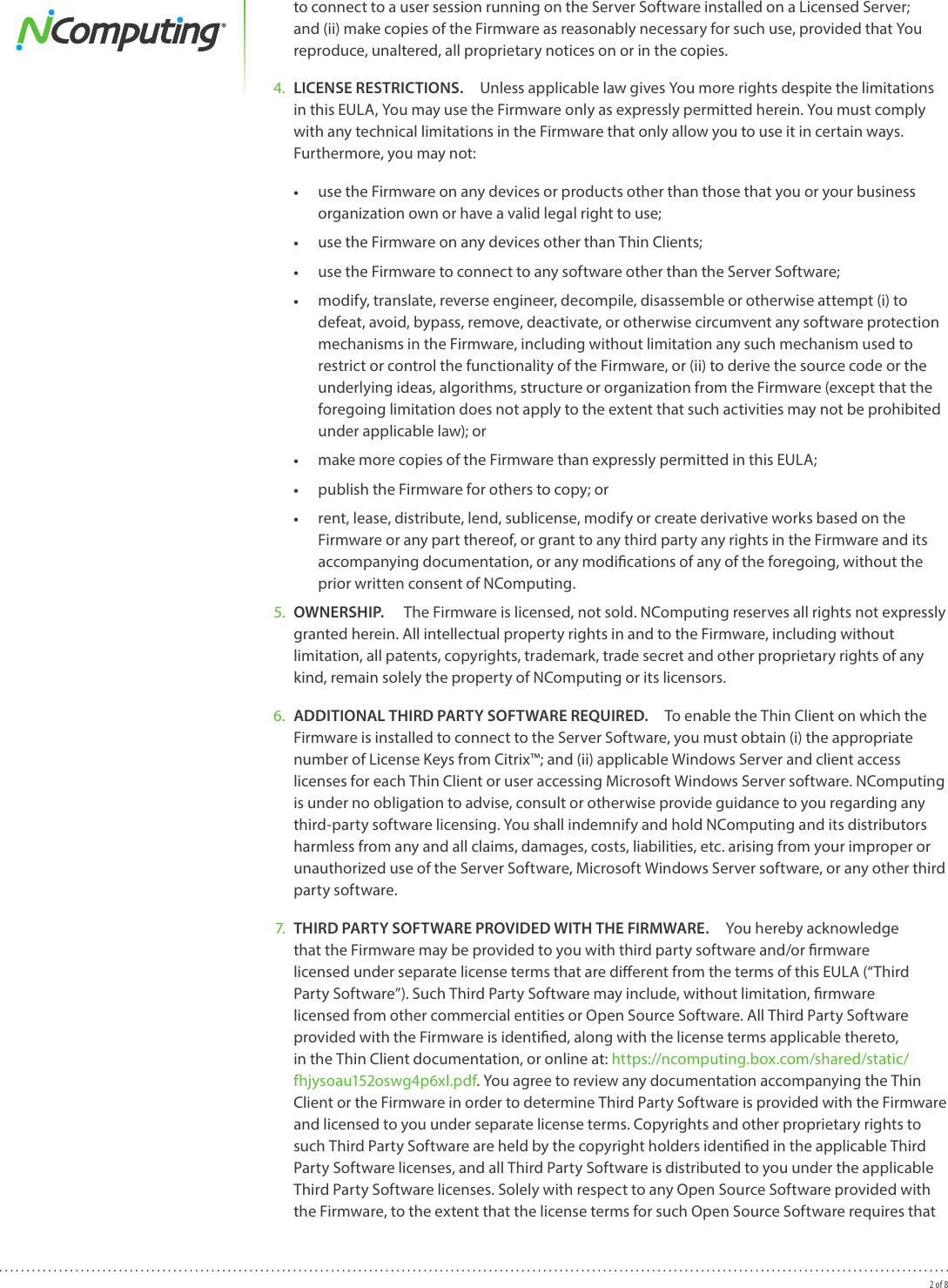 Page 2 of 8 - Ncomputing Ncomputing-N-Series-Thin-Client-Firmware-End-User-License-Agreement-  Ncomputing-n-series-thin-client-firmware-end-user-license-agreement