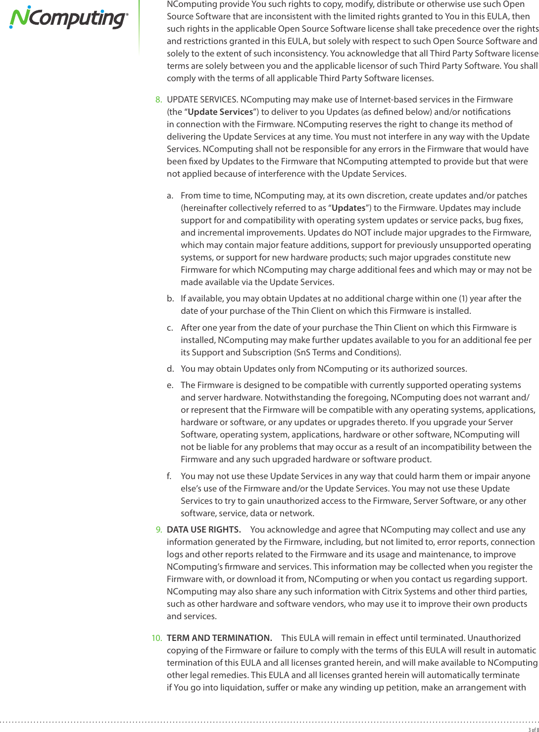 Page 3 of 8 - Ncomputing Ncomputing-N-Series-Thin-Client-Firmware-End-User-License-Agreement-  Ncomputing-n-series-thin-client-firmware-end-user-license-agreement