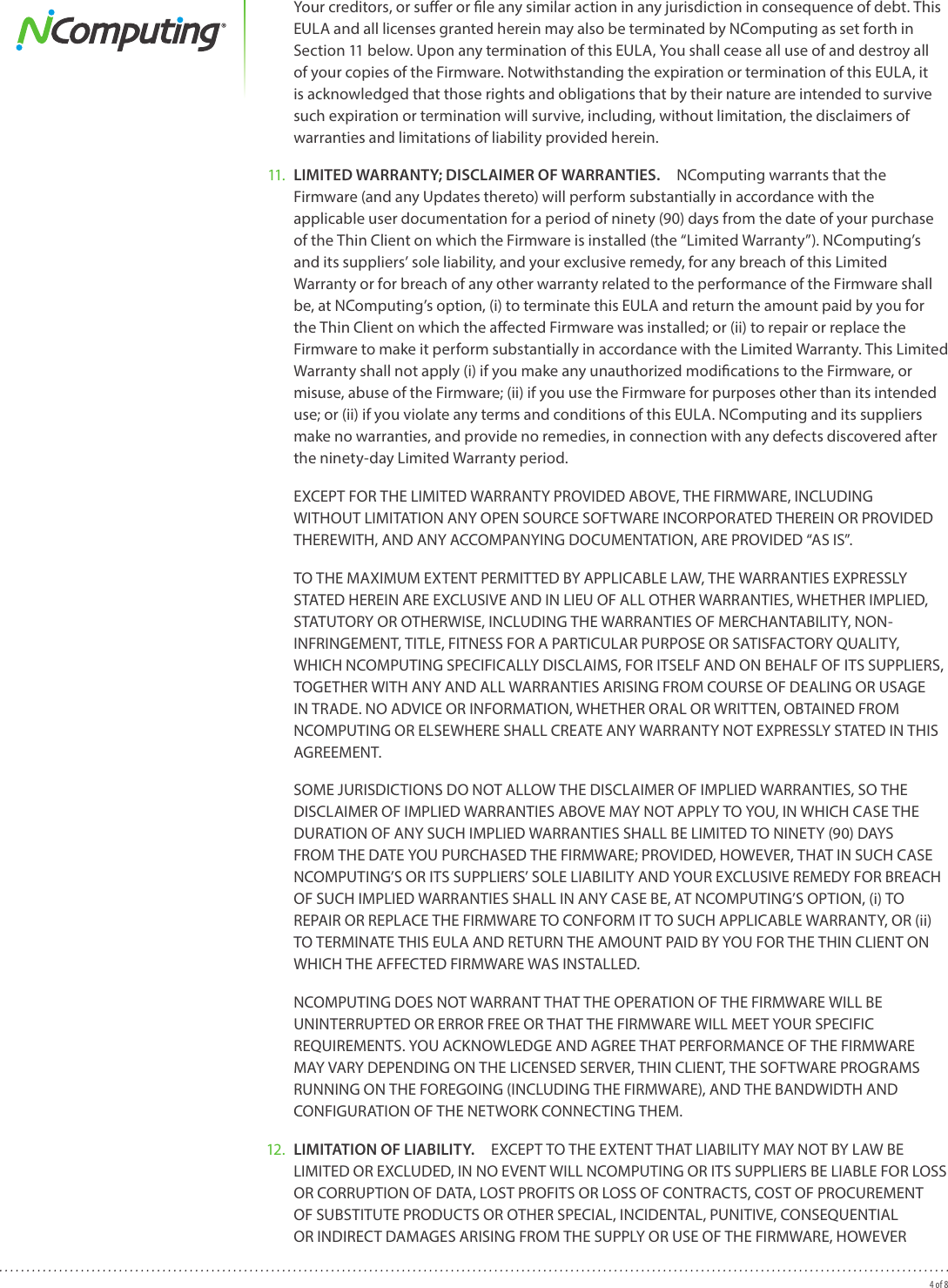 Page 4 of 8 - Ncomputing Ncomputing-N-Series-Thin-Client-Firmware-End-User-License-Agreement-  Ncomputing-n-series-thin-client-firmware-end-user-license-agreement