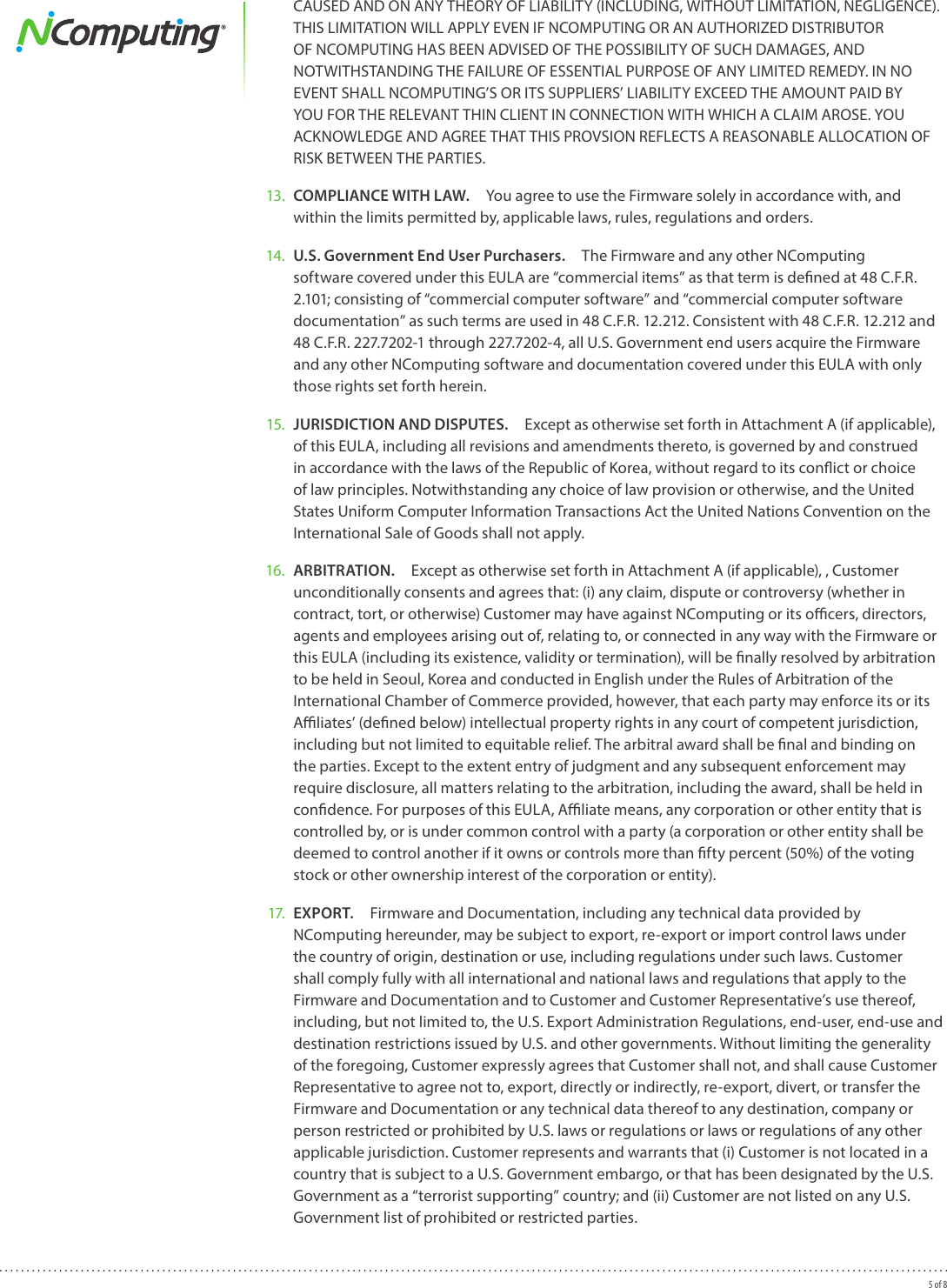 Page 5 of 8 - Ncomputing Ncomputing-N-Series-Thin-Client-Firmware-End-User-License-Agreement-  Ncomputing-n-series-thin-client-firmware-end-user-license-agreement