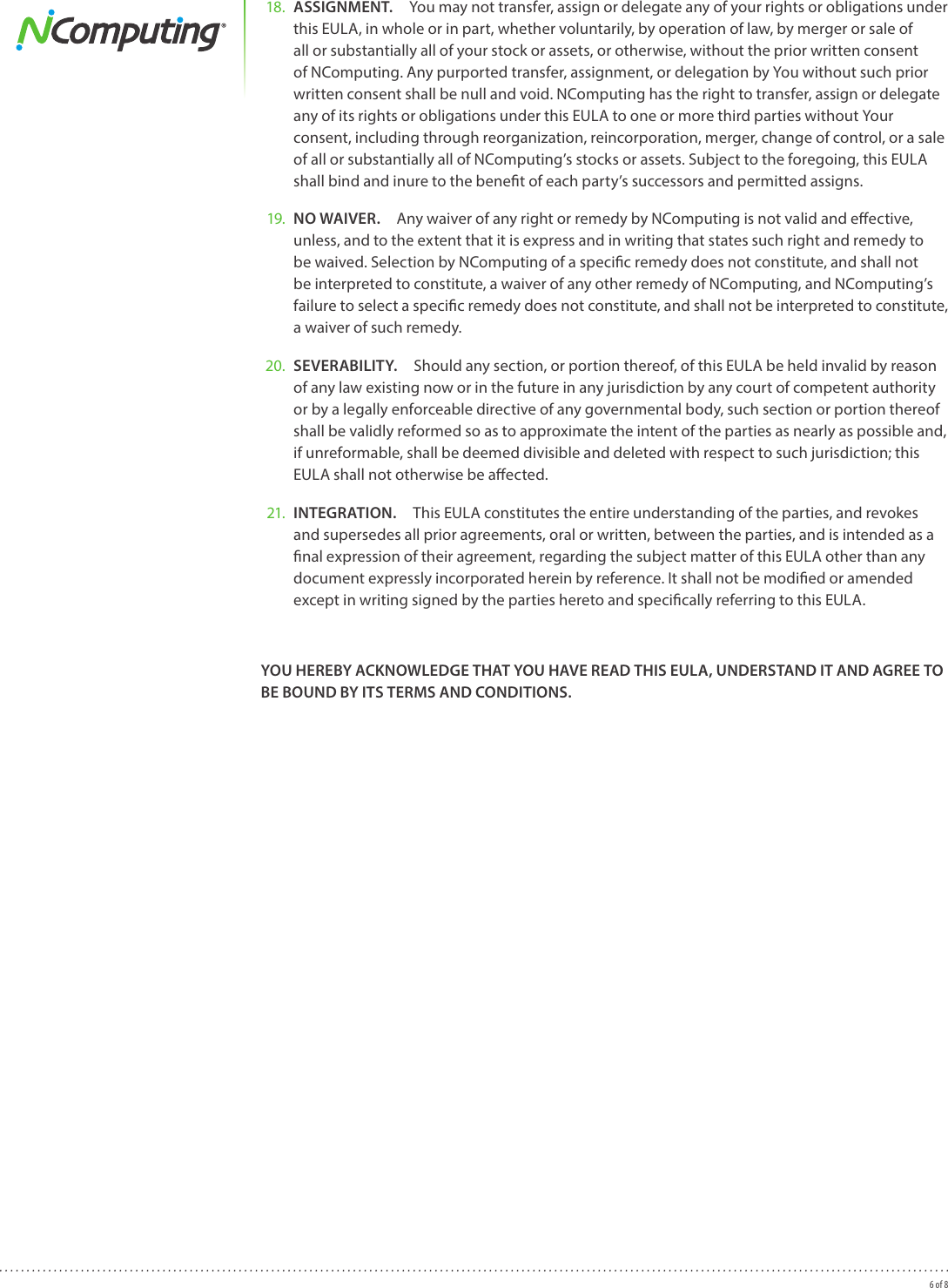 Page 6 of 8 - Ncomputing Ncomputing-N-Series-Thin-Client-Firmware-End-User-License-Agreement-  Ncomputing-n-series-thin-client-firmware-end-user-license-agreement