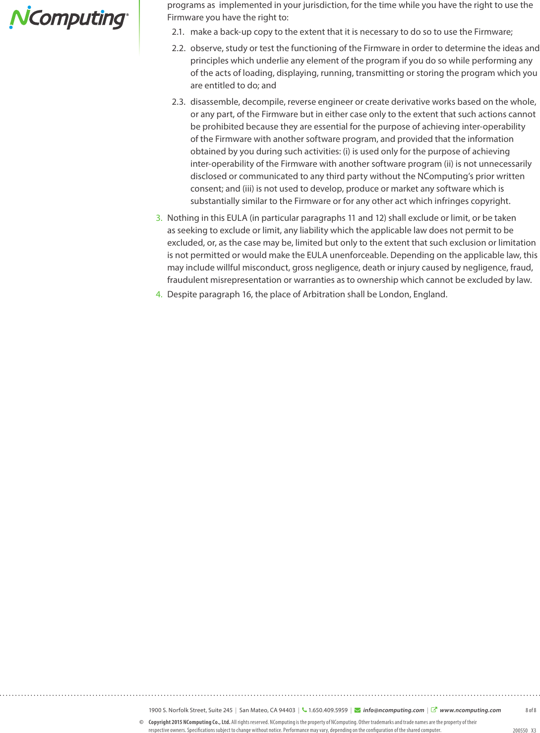 Page 8 of 8 - Ncomputing Ncomputing-N-Series-Thin-Client-Firmware-End-User-License-Agreement-  Ncomputing-n-series-thin-client-firmware-end-user-license-agreement