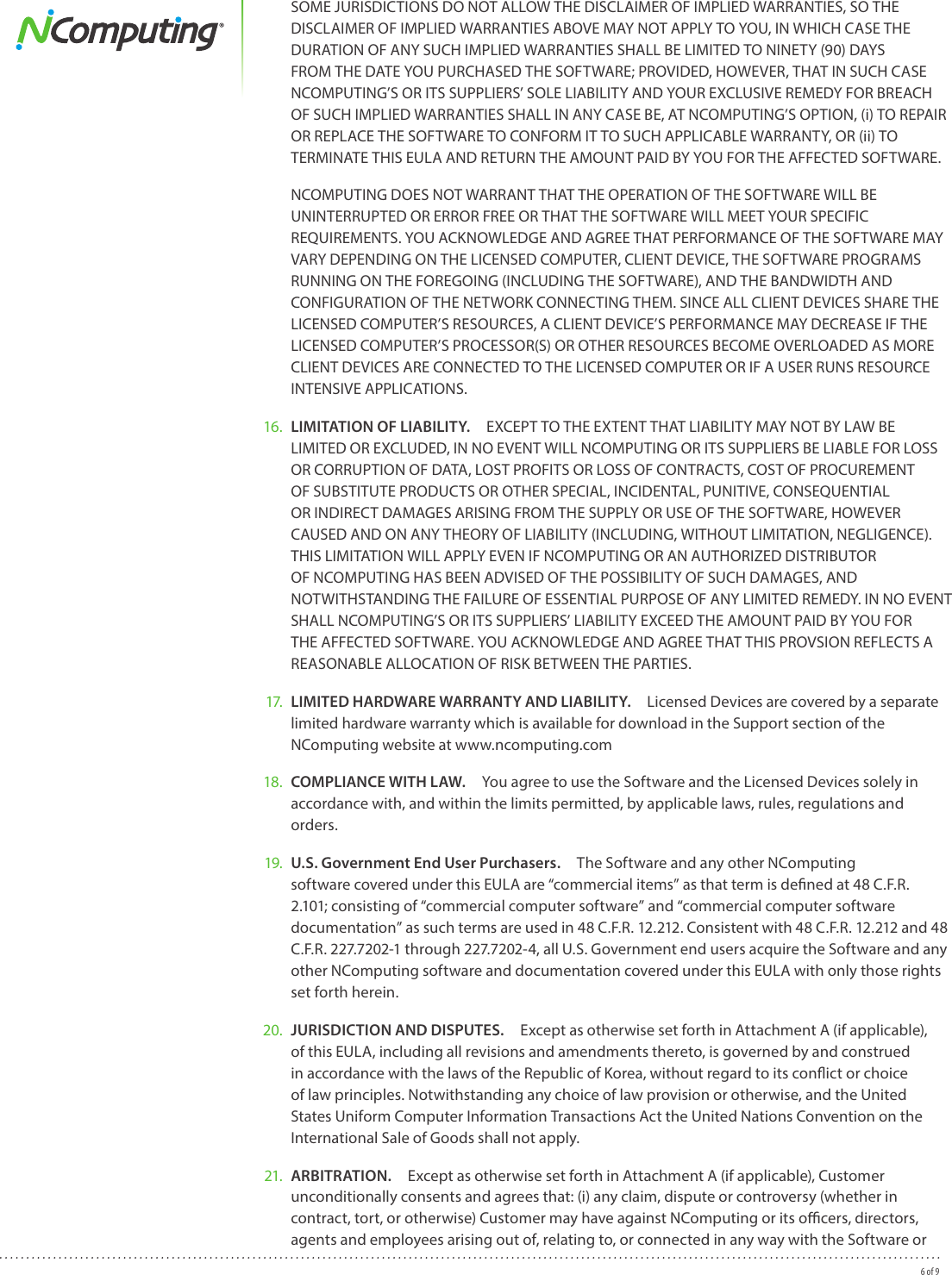 Page 6 of 9 - Ncomputing Ncomputing-Ncomputing-Vspace-With-X-Series-Devices-End-User-License-Agreement-  Ncomputing-ncomputing-vspace-with-x-series-devices-end-user-license-agreement