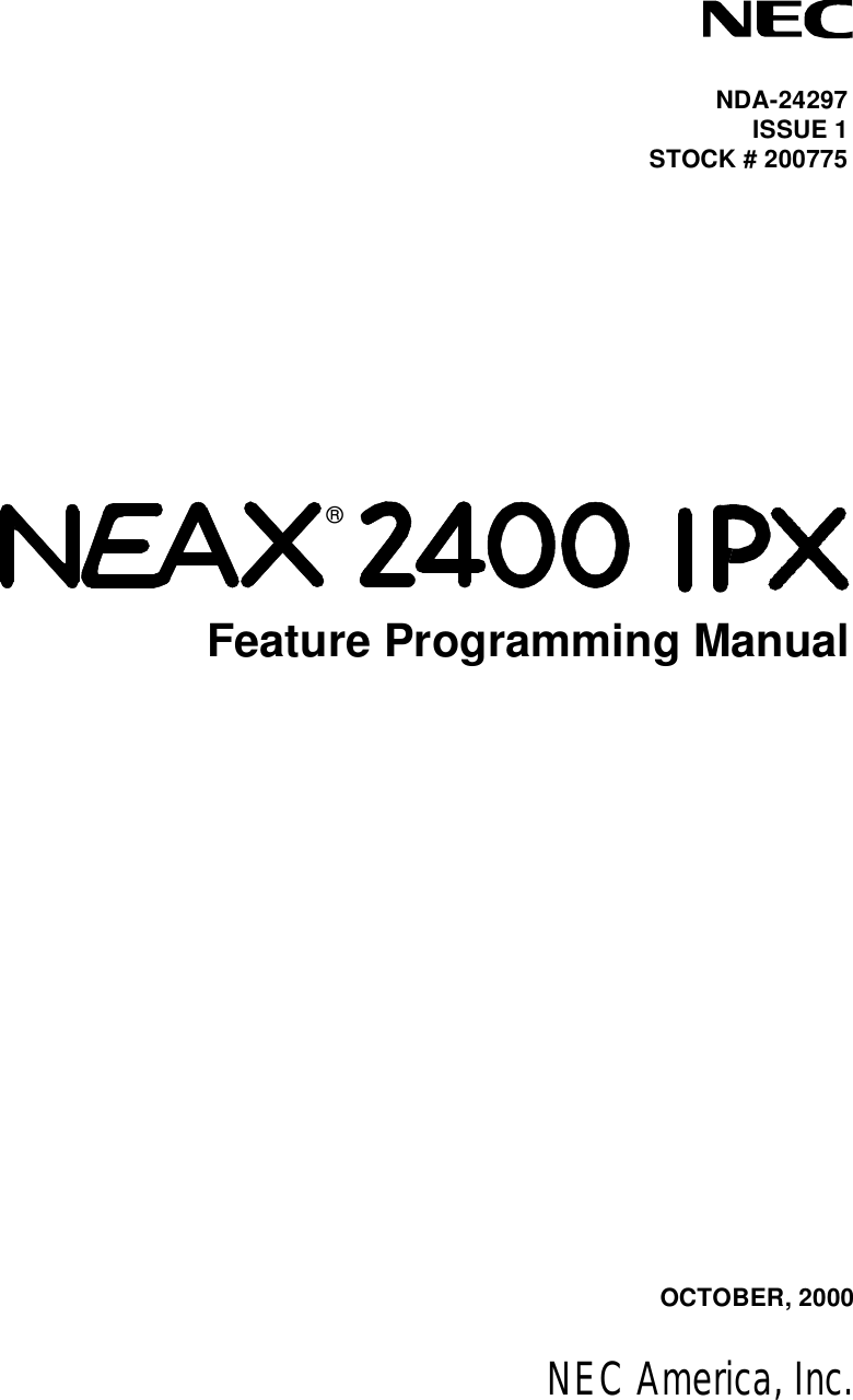 Nec 2400 Px Users Manual Neax2400 Ipx Feature Programming