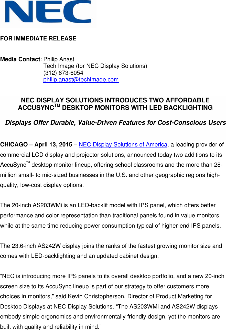 Page 1 of 3 - Nec Nec-As203Wmi-Bk-Users-Information-Guide Display AS242W-AS203WMi Displays  News Release