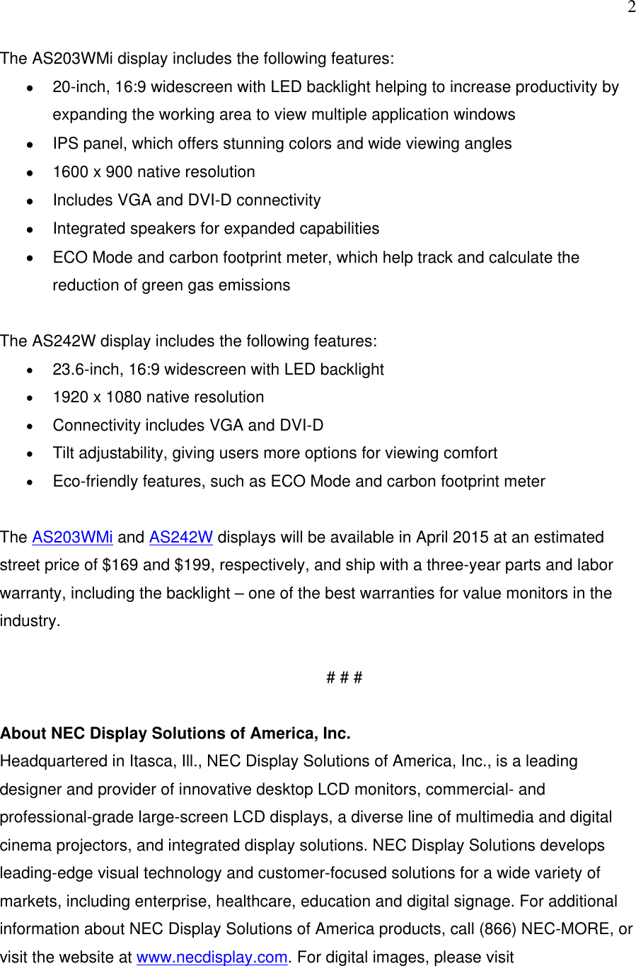 Page 2 of 3 - Nec Nec-As203Wmi-Bk-Users-Information-Guide Display AS242W-AS203WMi Displays  News Release