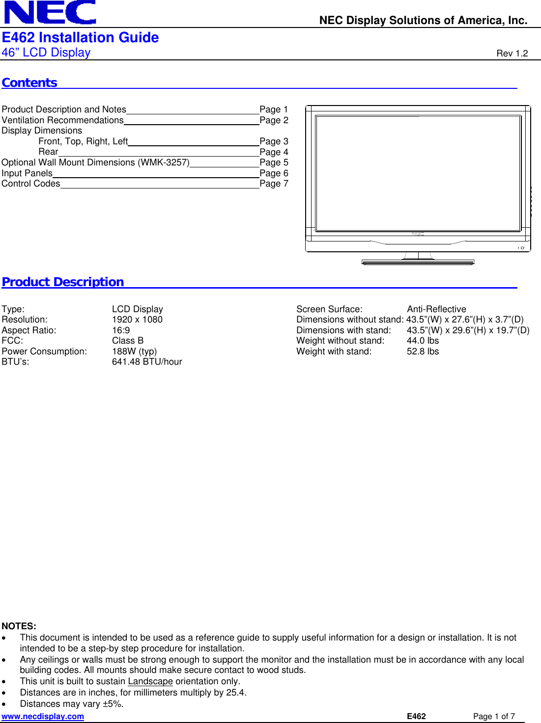 Page 1 of 7 - Nec Nec-E462-Installation-And-Setup-Guide E462_IGv12