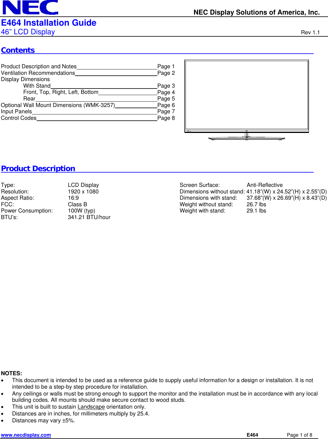 Page 1 of 8 - Nec Nec-E464-Installation-And-Setup-Guide E464_IGv11