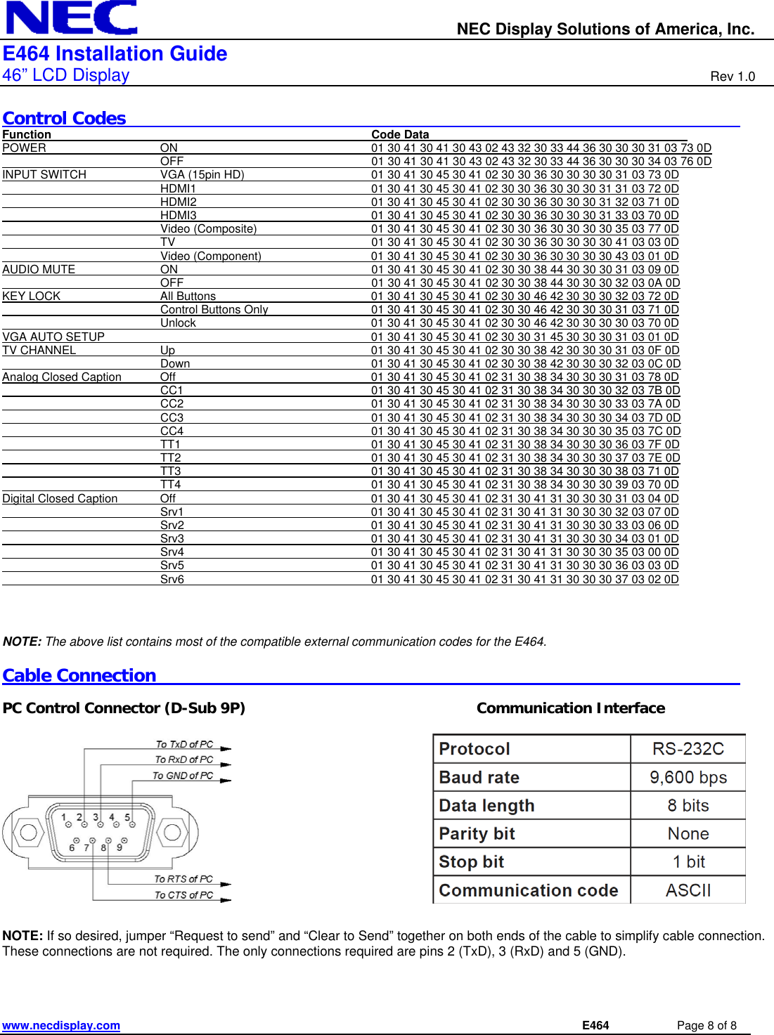 Page 8 of 8 - Nec Nec-E464-Quick-Start-Guide - E464_IGv10