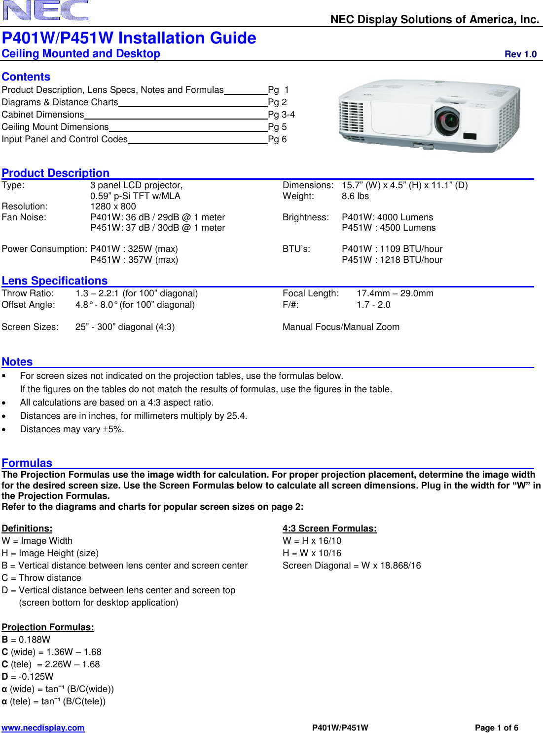 Page 1 of 6 - Nec Nec-Np-P401W-Installation-And-Setup-Guide- Visual Systems  Nec-np-p401w-installation-and-setup-guide