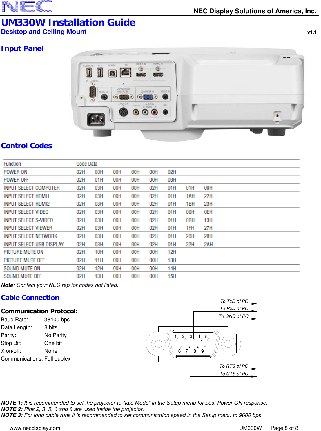 Page 8 of 8 - Nec Nec-Np-Um330W-Installation-And-Setup-Guide UM330W_IGv11