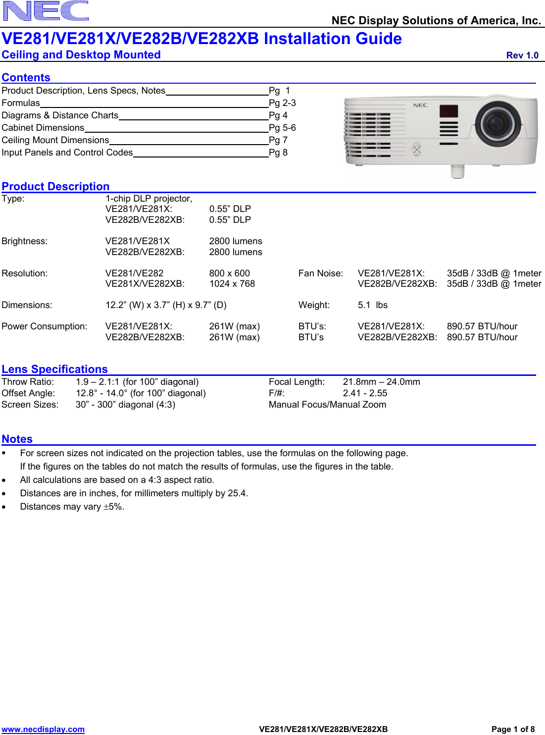 Page 1 of 6 - Nec Nec-Np-Ve281-Installation-And-Setup-Guide VE281_VE281X_IGv10