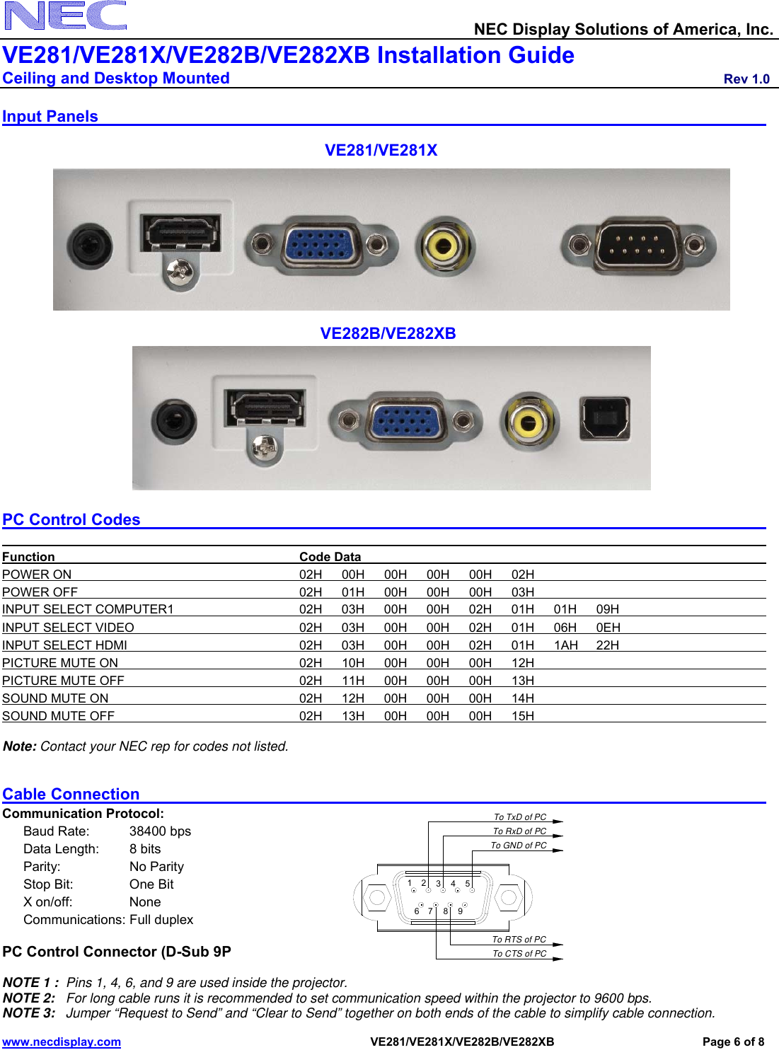 Page 6 of 6 - Nec Nec-Np-Ve281-Installation-And-Setup-Guide VE281_VE281X_IGv10