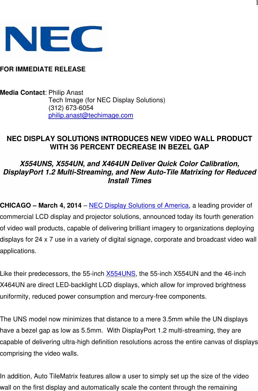 Page 1 of 3 - Nec Nec-X464Un-Users-Information-Guide X Series Displays  News Release
