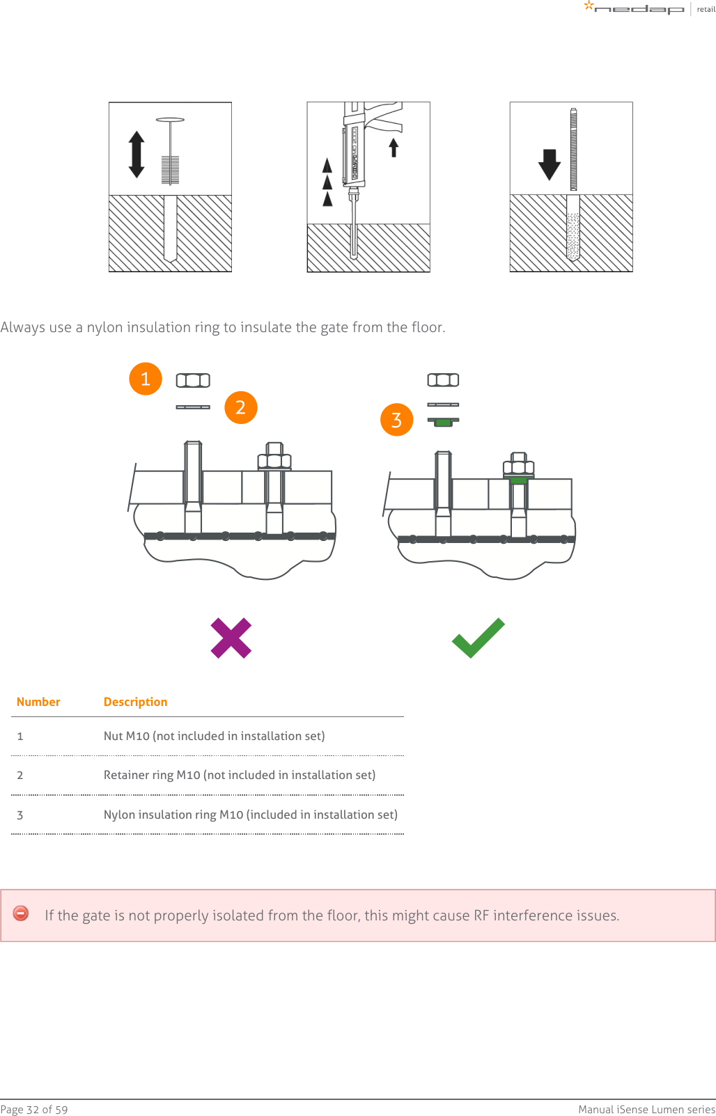 Page   of 32 59 Manual iSense Lumen seriesAlways use a nylon insulation ring to insulate the gate from the floor.Number Description1 Nut M10 (not included in installation set)2 Retainer ring M10 (not included in installation set)3 Nylon insulation ring M10 (included in installation set)If the gate is not properly isolated from the floor, this might cause RF interference issues.