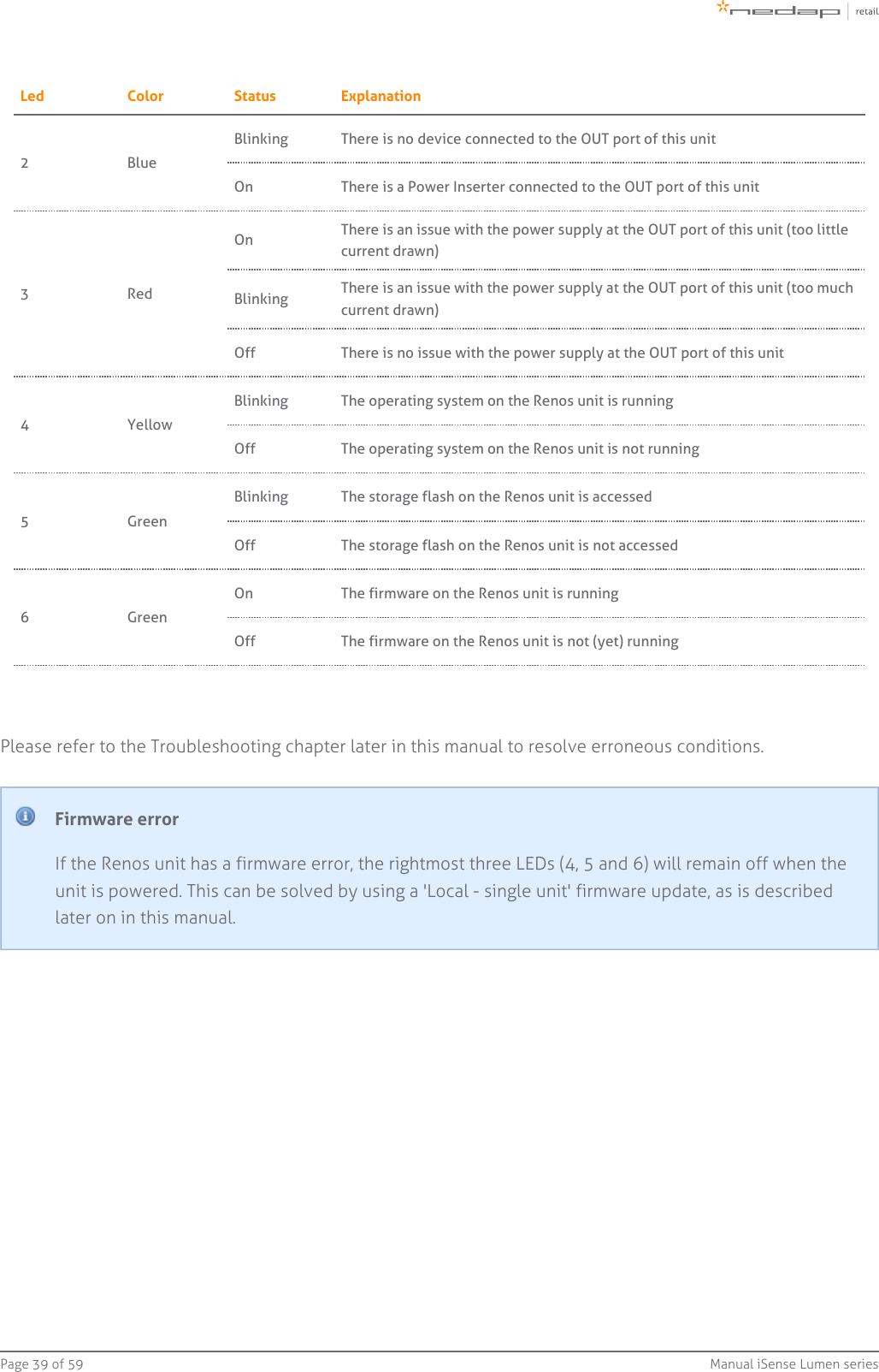 Page   of 39 59 Manual iSense Lumen seriesLed Color Status Explanation2 BlueBlinking There is   device connected to the OUT port of this unitnoOn There is a Power Inserter connected to the OUT port of this unit3 RedOn There is an issue with the power supply at the OUT port of this unit (too littlecurrent drawn)Blinking There is an issue with the power supply at the OUT port of this unit (too muchcurrent drawn)Off There is   issue with the power supply at the OUT port of this unitno4 YellowBlinking The operating system on the Renos unit is runningOff The operating system on the Renos unit is   runningnot5 GreenBlinking The storage flash on the Renos unit is accessedOff The storage flash on the Renos unit is   accessednot6 GreenOn The firmware on the Renos unit is runningOff The firmware on the Renos unit is   (yet) runningnotPlease refer to the Troubleshooting chapter later in this manual to resolve erroneous conditions.Firmware errorIf the Renos unit has a firmware error, the rightmost three LEDs (4, 5 and 6) will remain off when theunit is powered. This can be solved by using a &apos;Local - single unit&apos; firmware update, as is describedlater on in this manual.