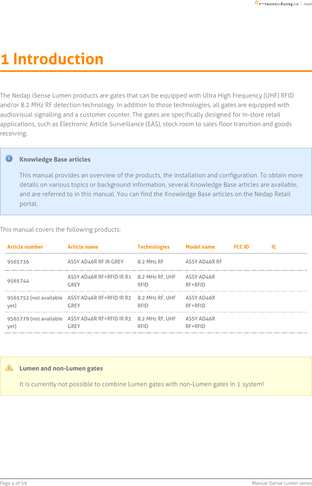 Page   of 4 59 Manual iSense Lumen series1 IntroductionThe Nedap iSense Lumen products are gates that can be equipped with Ultra High Frequency (UHF) RFIDand/or 8.2 MHz RF detection technology. In addition to those technologies, all gates are equipped withaudiovisual signalling and a customer counter. The gates are specifically designed for in-store retailapplications, such as Electronic Article Surveillance (EAS), stock room to sales floor transition and goodsreceiving.Knowledge Base articlesThis manual provides an overview of the products, the installation and configuration. To obtain moredetails on various topics or background information, several Knowledge Base articles are available,and are referred to in this manual. You can find the Knowledge Base articles on the Nedap Retailportal.This manual covers the following products:Article number Article name Technologies Model name FCC ID IC9565736 ASSY AD46R RF IR GREY 8.2 MHz RF ASSY AD46R RF9565744 ASSY AD46R RF+RFID IR R1GREY8.2 MHz RF, UHFRFIDASSY AD46RRF+RFID9565752 (not availableyet)ASSY AD46R RF+RFID IR R2GREY8.2 MHz RF, UHFRFIDASSY AD46RRF+RFID9565779 (not availableyet)ASSY AD46R RF+RFID IR R3GREY8.2 MHz RF, UHFRFIDASSY AD46RRF+RFIDLumen and non-Lumen gatesIt is currently not possible to combine Lumen gates with non-Lumen gates in 1 system!