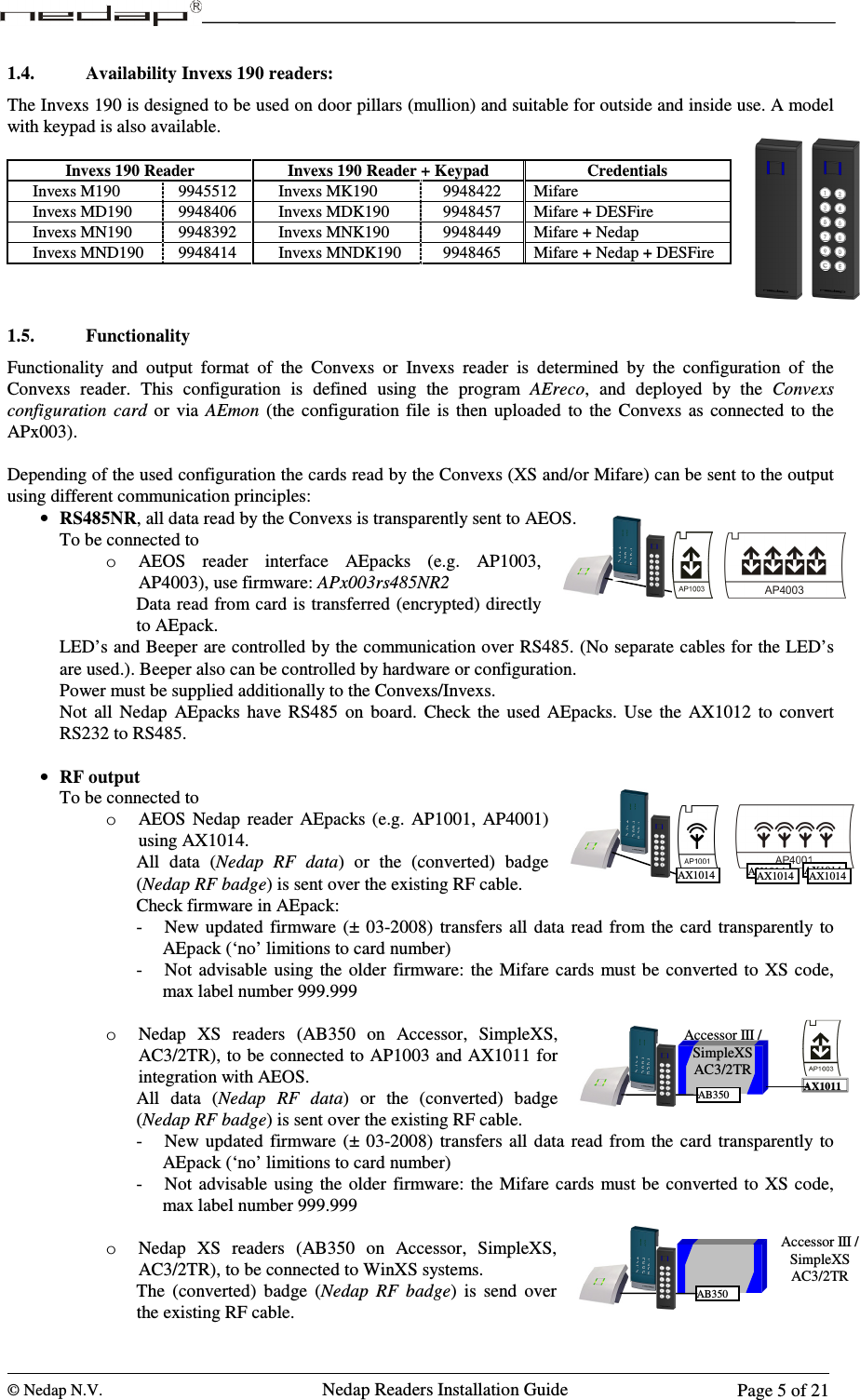  © Nedap N.V.                   Nedap Readers Installation Guide      Page 5 of 21 Accessor III / SimpleXS AC3/2TR AB350 AX1011 1.4. Availability Invexs 190 readers: The Invexs 190 is designed to be used on door pillars (mullion) and suitable for outside and inside use. A model with keypad is also available.  Invexs 190 Reader Invexs 190 Reader + Keypad Credentials   Invexs M190  9945512    Invexs MK190  9948422  Mifare   Invexs MD190  9948406    Invexs MDK190  9948457  Mifare + DESFire   Invexs MN190  9948392    Invexs MNK190  9948449  Mifare + Nedap   Invexs MND190  9948414    Invexs MNDK190  9948465  Mifare + Nedap + DESFire    1.5. Functionality Functionality  and  output  format  of  the  Convexs  or  Invexs  reader  is  determined  by  the  configuration  of  the Convexs  reader.  This  configuration  is  defined  using  the  program  AEreco,  and  deployed  by  the  Convexs configuration  card  or  via  AEmon  (the  configuration  file  is  then  uploaded  to  the  Convexs  as  connected  to  the APx003).   Depending of the used configuration the cards read by the Convexs (XS and/or Mifare) can be sent to the output using different communication principles: • RS485NR, all data read by the Convexs is transparently sent to AEOS. To be connected to o AEOS  reader  interface  AEpacks  (e.g.  AP1003, AP4003), use firmware: APx003rs485NR2 Data read from card is transferred (encrypted) directly to AEpack. LED’s and Beeper are controlled by the communication over RS485. (No separate cables for the LED’s are used.). Beeper also can be controlled by hardware or configuration. Power must be supplied additionally to the Convexs/Invexs. Not  all  Nedap  AEpacks  have  RS485  on  board.  Check  the  used  AEpacks.  Use  the  AX1012  to  convert RS232 to RS485.  • RF output To be connected to o AEOS  Nedap  reader  AEpacks  (e.g.  AP1001,  AP4001) using AX1014. All  data  (Nedap RF  data)  or  the  (converted)  badge (Nedap RF badge) is sent over the existing RF cable. Check firmware in AEpack:  - New updated  firmware  (±  03-2008)  transfers all data  read  from  the card transparently to AEpack (‘no’ limitions to card number) - Not  advisable  using the  older  firmware: the Mifare cards must  be  converted to XS code, max label number 999.999  o Nedap  XS  readers  (AB350  on  Accessor,  SimpleXS, AC3/2TR), to be connected to AP1003 and AX1011 for integration with AEOS. All  data  (Nedap RF  data)  or  the  (converted)  badge (Nedap RF badge) is sent over the existing RF cable. - New updated  firmware  (±  03-2008)  transfers all data  read  from  the card transparently to AEpack (‘no’ limitions to card number) - Not  advisable  using the  older  firmware:  the Mifare cards  must  be  converted  to XS code, max label number 999.999  o Nedap  XS  readers  (AB350  on  Accessor,  SimpleXS, AC3/2TR), to be connected to WinXS systems. The  (converted)  badge  (Nedap RF  badge)  is  send  over the existing RF cable. AX1014 AX1014 AX1014 AX1014 AX1014 Accessor III / SimpleXS AC3/2TR AB350 123456789C0E123456789C0E123456789C0E123456789C0E