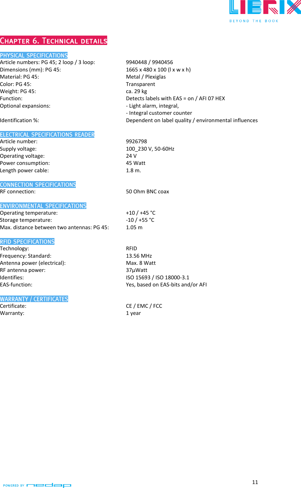  11   Article numbers: PG 45; 2 loop / 3 loop:     9940448 / 9940456  Dimensions (mm): PG 45:        1665 x 480 x 100 (l x w x h)  Material: PG 45:          Metal / Plexiglas  Color: PG 45:           Transparent  Weight: PG 45:           ca. 29 kg Function:           Detects labels with EAS = on / AFI 07 HEX  Optional expansions:         - Light alarm, integral,  - Integral customer counter  Identification %:          Dependent on label quality / environmental influences   Article number:           9926798 Supply voltage:           100_230 V, 50-60Hz Operating voltage:         24 V  Power consumption:         45 Watt  Length power cable:         1.8 m.  RF connection:           50 Ohm BNC coax  Operating temperature:         +10 / +45 °C  Storage temperature:         -10 / +55 °C  Max. distance between two antennas: PG 45:   1.05 m  Technology:           RFID  Frequency: Standard:         13.56 MHz Antenna power (electrical):       Max. 8 Watt  RF antenna power:        37µWatt Identifies:           ISO 15693 / ISO 18000-3.1  EAS-function:           Yes, based on EAS-bits and/or AFI  Certificate:           CE / EMC / FCC  Warranty:           1 year     