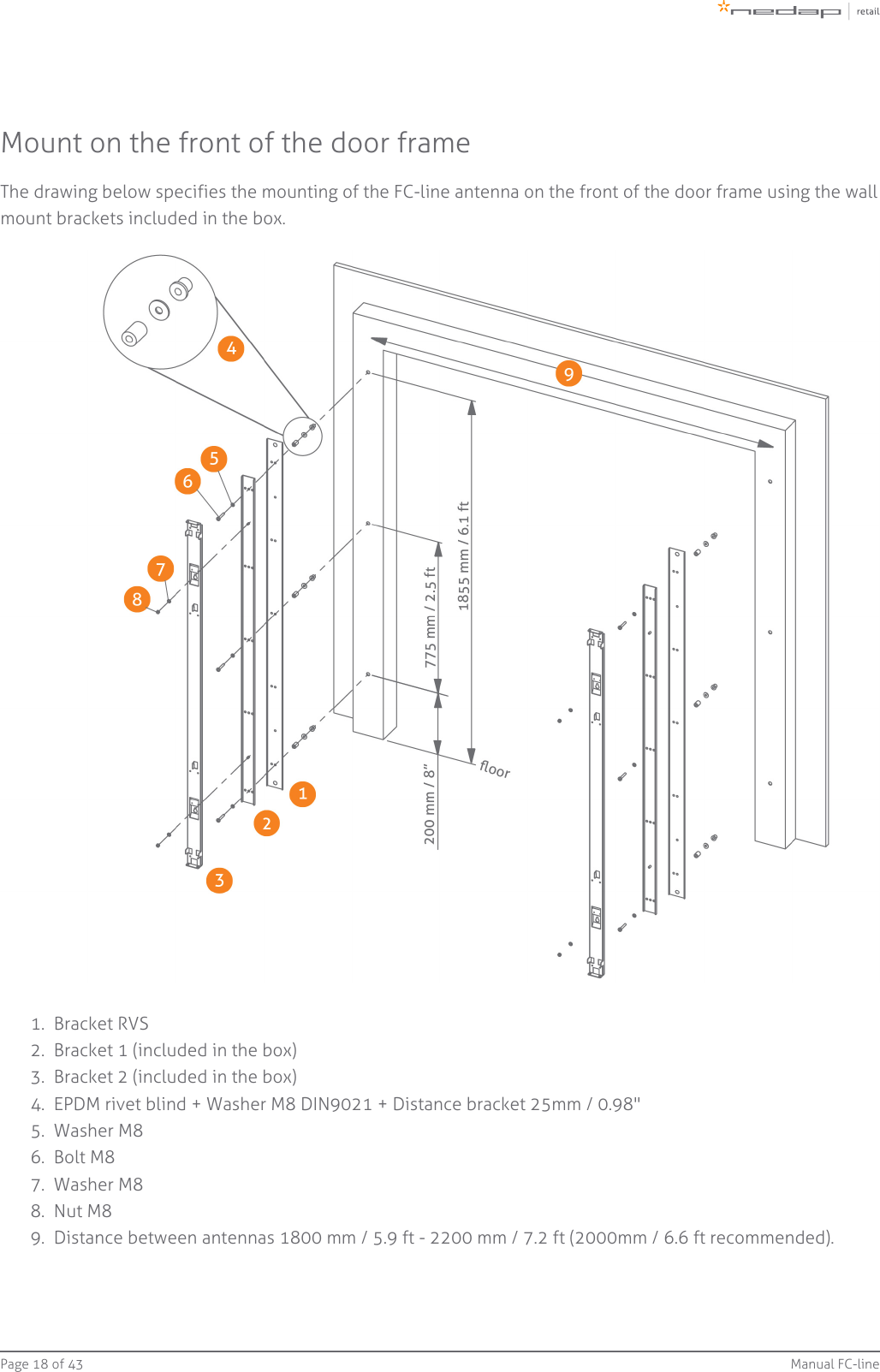 Page   of 18 43 Manual FC-line1.  2.  3.  4.  5.  6.  7.  8.  9.  Mount on the front of the door frameThe drawing below specifies the mounting of the FC-line antenna on the front of the door frame using the wallmount brackets included in the box.Bracket RVSBracket 1 (included in the box)Bracket 2 (included in the box)EPDM rivet blind + Washer M8 DIN9021 + Distance bracket 25mm / 0.98&quot;Washer M8Bolt M8Washer M8Nut M8Distance between antennas 1800 mm / 5.9 ft - 2200 mm / 7.2 ft (2000mm / 6.6 ft recommended).