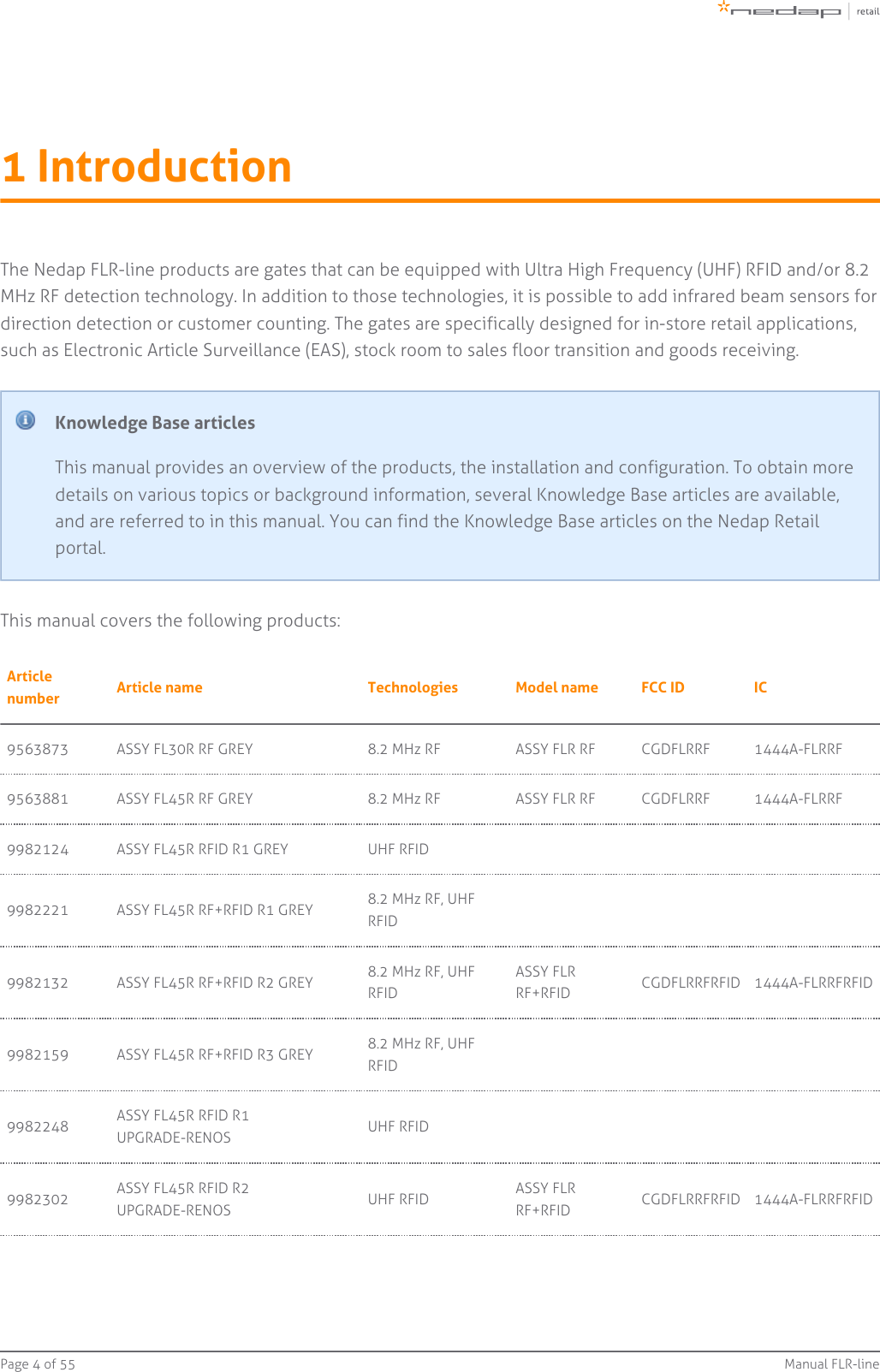 Page   of 4 55 Manual FLR-line1 IntroductionThe Nedap FLR-line products are gates that can be equipped with Ultra High Frequency (UHF) RFID and/or 8.2MHz RF detection technology. In addition to those technologies, it is possible to add infrared beam sensors fordirection detection or customer counting. The gates are specifically designed for in-store retail applications,such as Electronic Article Surveillance (EAS), stock room to sales floor transition and goods receiving.Knowledge Base articlesThis manual provides an overview of the products, the installation and configuration. To obtain moredetails on various topics or background information, several Knowledge Base articles are available,and are referred to in this manual. You can find the Knowledge Base articles on the Nedap Retailportal.This manual covers the following products:Articlenumber Article name Technologies Model name FCC ID IC9563873 ASSY FL30R RF GREY 8.2 MHz RF ASSY FLR RF CGDFLRRF 1444A-FLRRF9563881 ASSY FL45R RF GREY 8.2 MHz RF ASSY FLR RF CGDFLRRF 1444A-FLRRF9982124 ASSY FL45R RFID R1 GREY UHF RFID9982221 ASSY FL45R RF+RFID R1 GREY 8.2 MHz RF, UHFRFID9982132 ASSY FL45R RF+RFID R2 GREY 8.2 MHz RF, UHFRFIDASSY FLRRF+RFID CGDFLRRFRFID 1444A-FLRRFRFID9982159 ASSY FL45R RF+RFID R3 GREY 8.2 MHz RF, UHFRFID9982248 ASSY FL45R RFID R1UPGRADE-RENOS UHF RFID9982302 ASSY FL45R RFID R2UPGRADE-RENOS UHF RFID ASSY FLRRF+RFID CGDFLRRFRFID 1444A-FLRRFRFID