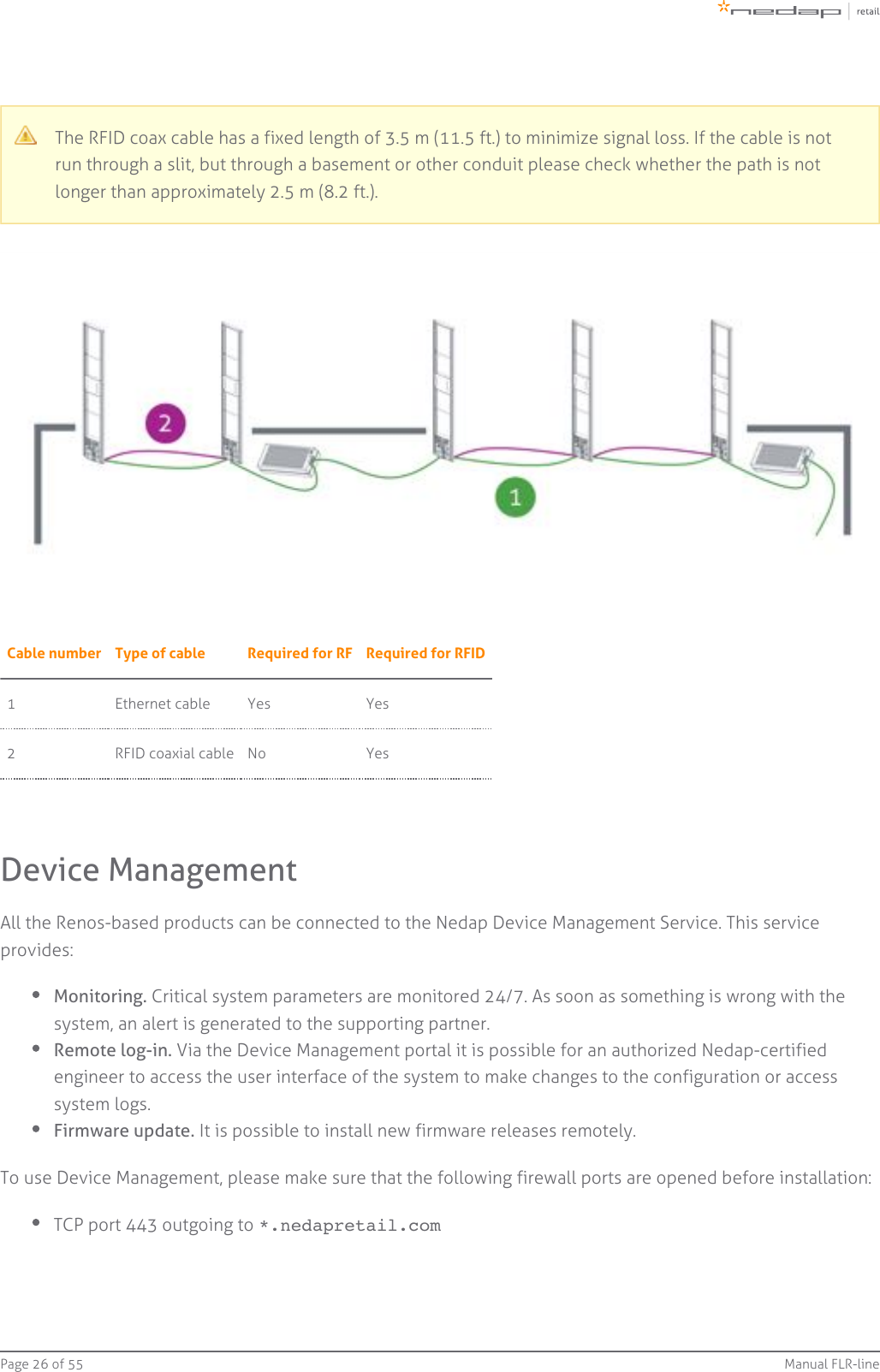 Page   of 26 55 Manual FLR-lineThe RFID coax cable has a fixed length of 3.5 m (11.5 ft.) to minimize signal loss. If the cable is notrun through a slit, but through a basement or other conduit please check whether the path is notlonger than approximately 2.5 m (8.2 ft.).Cable number Type of cable Required for RF Required for RFID1 Ethernet cable Yes Yes2 RFID coaxial cable No YesDevice ManagementAll the Renos-based products can be connected to the Nedap Device Management Service. This serviceprovides:Monitoring. Critical system parameters are monitored 24/7. As soon as something is wrong with thesystem, an alert is generated to the supporting partner.Remote log-in. Via the Device Management portal it is possible for an authorized Nedap-certifiedengineer to access the user interface of the system to make changes to the configuration or accesssystem logs.Firmware update. It is possible to install new firmware releases remotely.To use Device Management, please make sure that the following firewall ports are opened before installation:TCP port 443 outgoing to *.nedapretail.com