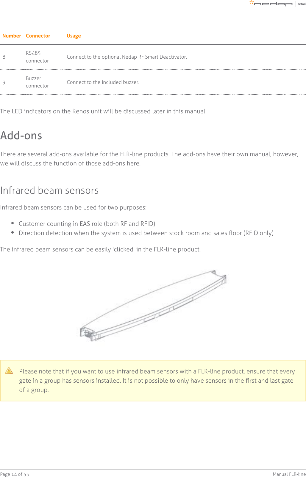 Page   of 14 55 Manual FLR-lineNumber Connector Usage8RS485connector Connect to the optional Nedap RF Smart Deactivator.9Buzzerconnector Connect to the included buzzer.The LED indicators on the Renos unit will be discussed later in this manual.Add-onsThere are several add-ons available for the FLR-line products. The add-ons have their own manual, however,we will discuss the function of those add-ons here.Infrared beam sensorsInfrared beam sensors can be used for two purposes:Customer counting in EAS role (both RF and RFID)Direction detection when the system is used between stock room and sales floor (RFID only)The infrared beam sensors can be easily &apos;clicked&apos; in the FLR-line product.Please note that if you want to use infrared beam sensors with a FLR-line product, ensure that everygate in a group has sensors installed. It is not possible to only have sensors in the first and last gateof a group.