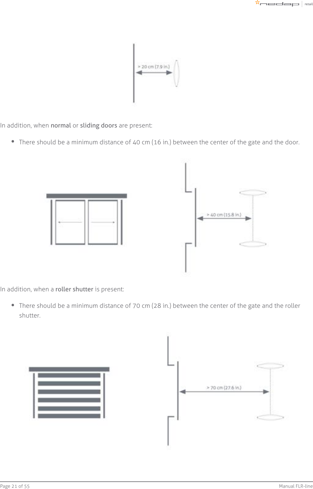 Page   of 21 55 Manual FLR-lineIn addition, when   or   are present:normal sliding doorsThere should be a minimum distance of 40 cm (16 in.) between the center of the gate and the door.In addition, when a  is present: roller shutterThere should be a minimum distance of 70 cm (28 in.) between the center of the gate and the rollershutter.