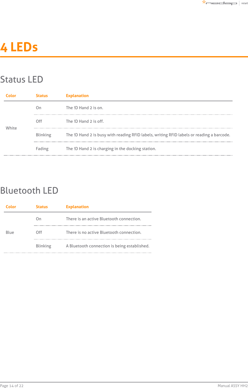 Page   of 14 22 Manual ASSY HH24 LEDsStatus LEDColor Status ExplanationWhiteOn The !D Hand 2 is on.Off The !D Hand 2 is off.Blinking The !D Hand 2 is busy with reading RFID labels, writing RFID labels or reading a barcode.Fading The !D Hand 2 is charging in the docking station.Bluetooth LEDColor Status ExplanationBlueOn There is an active Bluetooth connection.Off There is no active Bluetooth connection.Blinking A Bluetooth connection is being established.