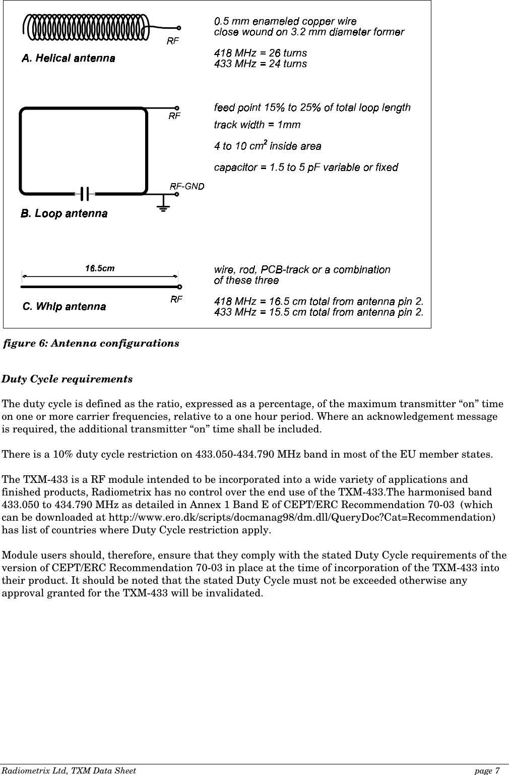 Radiometrix Ltd, TXM Data Sheet                                                                                              page 7                            Duty Cycle requirements  The duty cycle is defined as the ratio, expressed as a percentage, of the maximum transmitter “on” time on one or more carrier frequencies, relative to a one hour period. Where an acknowledgement message is required, the additional transmitter “on” time shall be included.   There is a 10% duty cycle restriction on 433.050-434.790 MHz band in most of the EU member states.  The TXM-433 is a RF module intended to be incorporated into a wide variety of applications and finished products, Radiometrix has no control over the end use of the TXM-433.The harmonised band 433.050 to 434.790 MHz as detailed in Annex 1 Band E of CEPT/ERC Recommendation 70-03  (which can be downloaded at http://www.ero.dk/scripts/docmanag98/dm.dll/QueryDoc?Cat=Recommendation) has list of countries where Duty Cycle restriction apply.   Module users should, therefore, ensure that they comply with the stated Duty Cycle requirements of the version of CEPT/ERC Recommendation 70-03 in place at the time of incorporation of the TXM-433 into their product. It should be noted that the stated Duty Cycle must not be exceeded otherwise any approval granted for the TXM-433 will be invalidated. figure 6: Antenna configurations 