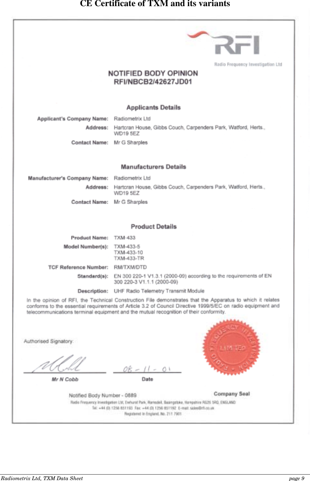 Radiometrix Ltd, TXM Data Sheet                                                                                              page 9 CE Certificate of TXM and its variants  