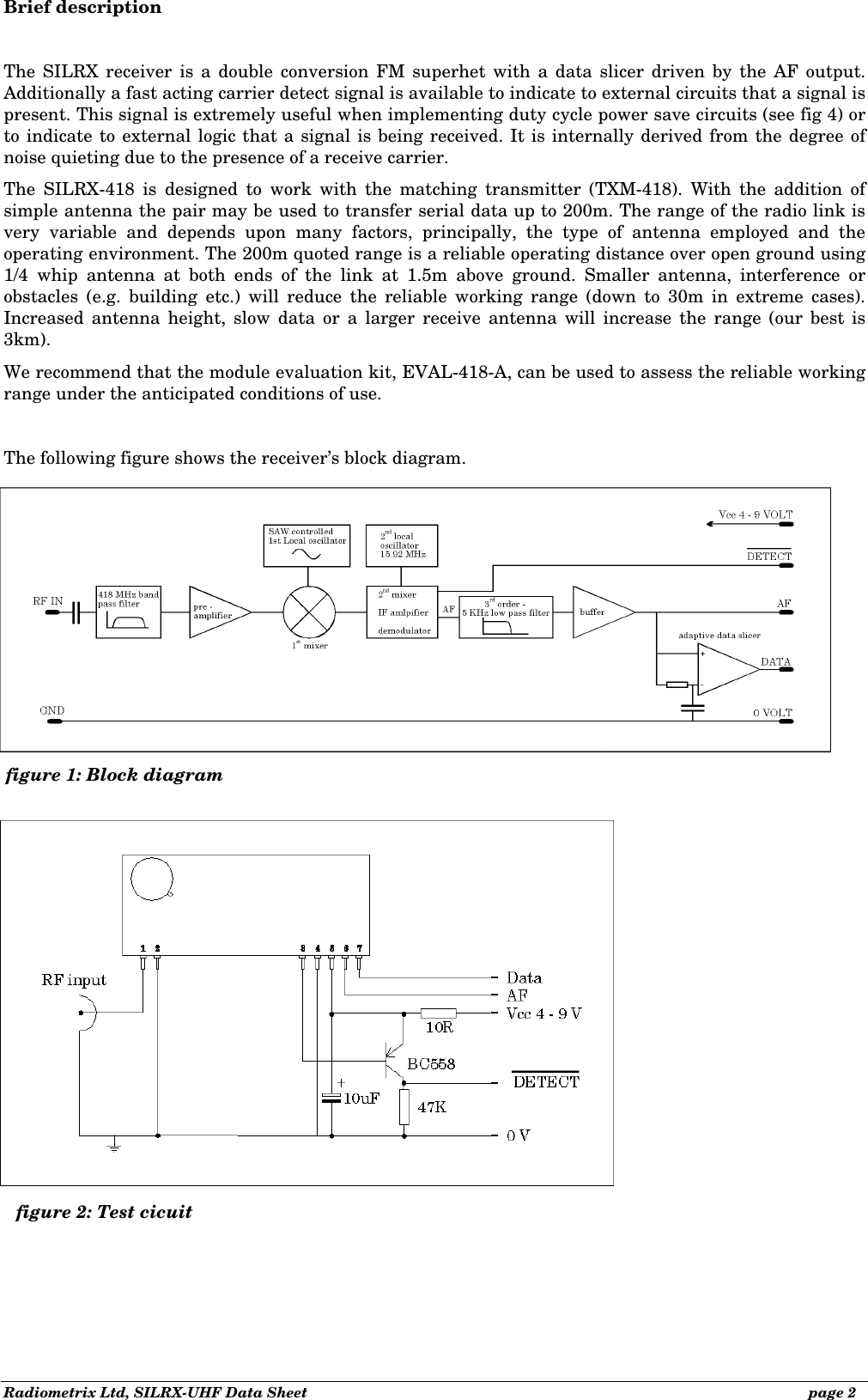 Radiometrix Ltd, SILRX-UHF Data Sheet              page 2 Brief description  The SILRX receiver is a double conversion FM superhet with a data slicer driven by the AF output. Additionally a fast acting carrier detect signal is available to indicate to external circuits that a signal is present. This signal is extremely useful when implementing duty cycle power save circuits (see fig 4) or to indicate to external logic that a signal is being received. It is internally derived from the degree of noise quieting due to the presence of a receive carrier. The SILRX-418 is designed to work with the matching transmitter (TXM-418). With the addition of simple antenna the pair may be used to transfer serial data up to 200m. The range of the radio link is very variable and depends upon many factors, principally, the type of antenna employed and the operating environment. The 200m quoted range is a reliable operating distance over open ground using 1/4 whip antenna at both ends of the link at 1.5m above ground. Smaller antenna, interference or obstacles (e.g. building etc.) will reduce the reliable working range (down to 30m in extreme cases). Increased antenna height, slow data or a larger receive antenna will increase the range (our best is 3km). We recommend that the module evaluation kit, EVAL-418-A, can be used to assess the reliable working range under the anticipated conditions of use.  The following figure shows the receiver’s block diagram.figure 1: Block diagram figure 2: Test cicuit 