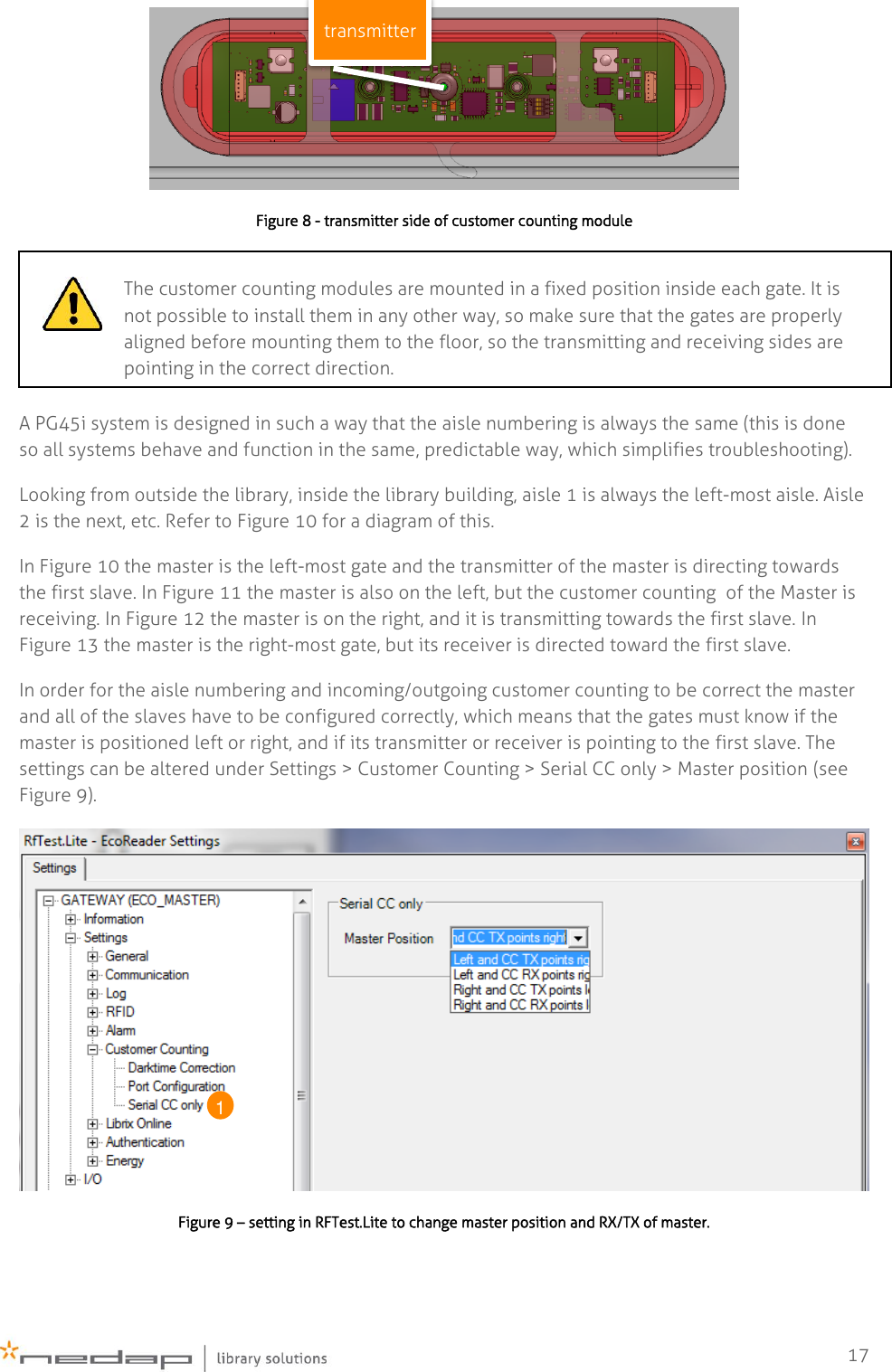   17  Figure 8 - transmitter side of customer counting module  A PG45i system is designed in such a way that the aisle numbering is always the same (this is done so all systems behave and function in the same, predictable way, which simplifies troubleshooting).  Looking from outside the library, inside the library building, aisle 1 is always the left-most aisle. Aisle 2 is the next, etc. Refer to Figure 10 for a diagram of this.  In Figure 10 the master is the left-most gate and the transmitter of the master is directing towards the first slave. In Figure 11 the master is also on the left, but the customer counting  of the Master is receiving. In Figure 12 the master is on the right, and it is transmitting towards the first slave. In Figure 13 the master is the right-most gate, but its receiver is directed toward the first slave.  In order for the aisle numbering and incoming/outgoing customer counting to be correct the master and all of the slaves have to be configured correctly, which means that the gates must know if the master is positioned left or right, and if its transmitter or receiver is pointing to the first slave. The settings can be altered under Settings &gt; Customer Counting &gt; Serial CC only &gt; Master position (see Figure 9).  Figure 9 – setting in RFTest.Lite to change master position and RX/TX of master.  The customer counting modules are mounted in a fixed position inside each gate. It is not possible to install them in any other way, so make sure that the gates are properly aligned before mounting them to the floor, so the transmitting and receiving sides are pointing in the correct direction.  transmitter 1 