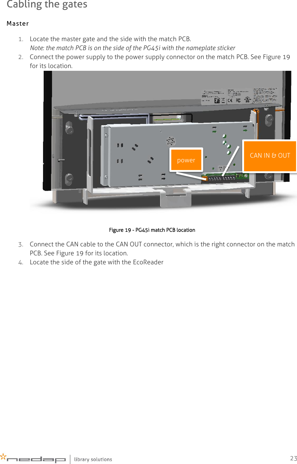    23 Cabling the gates Master 1. Locate the master gate and the side with the match PCB. Note: the match PCB is on the side of the PG45i with the nameplate sticker 2. Connect the power supply to the power supply connector on the match PCB. See Figure 19 for its location.  Figure 19 - PG45i match PCB location 3. Connect the CAN cable to the CAN OUT connector, which is the right connector on the match PCB. See Figure 19 for its location. 4. Locate the side of the gate with the EcoReader power CAN IN &amp; OUT 