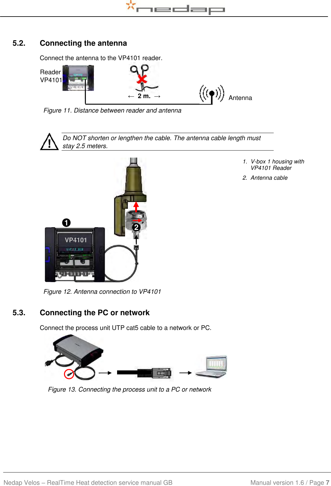  Nedap Velos – RealTime Heat detection service manual GB                            Manual version 1.6 / Page 7  5.2.  Connecting the antenna  Connect the antenna to the VP4101 reader.    Figure 11. Distance between reader and antenna     Do NOT shorten or lengthen the cable. The antenna cable length must stay 2.5 meters.               1.  V-box 1 housing with VP4101 Reader 2.  Antenna cable  Figure 12. Antenna connection to VP4101 5.3.  Connecting the PC or network Connect the process unit UTP cat5 cable to a network or PC.               Figure 13. Connecting the process unit to a PC or network  Antenna ←  2 m.  → Reader VP4101 2 Length of corridor (m) 1 Length of corridor (m) VP4101 