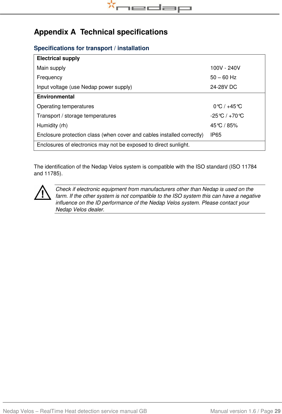  Nedap Velos – RealTime Heat detection service manual GB                            Manual version 1.6 / Page 29  Appendix A  Technical specifications Specifications for transport / installation  Electrical supply Main supply   100V - 240V Frequency 50 – 60 Hz Input voltage (use Nedap power supply) 24-28V DC Environmental Operating temperatures   0°C / +45°C Transport / storage temperatures -25°C / +70°C Humidity (rh) 45°C / 85% Enclosure protection class (when cover and cables installed correctly) IP65 Enclosures of electronics may not be exposed to direct sunlight.  The identification of the Nedap Velos system is compatible with the ISO standard (ISO 11784 and 11785).    Check if electronic equipment from manufacturers other than Nedap is used on the farm. If the other system is not compatible to the ISO system this can have a negative influence on the ID performance of the Nedap Velos system. Please contact your Nedap Velos dealer.    