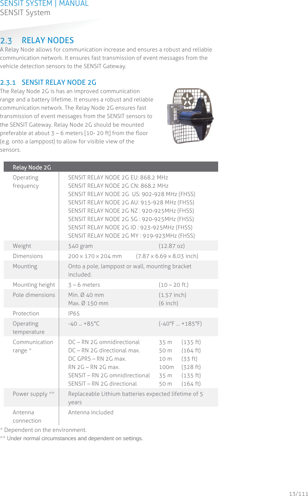 SENSIT SYSTEM | MANUAL SENSIT System  13/111 SENSIT System RELAY NODES A Relay Node allows for communication increase and ensures a robust and reliable communication network. It ensures fast transmission of event messages from the vehicle detection sensors to the SENSIT Gateway.  2.3.1 SENSIT RELAY NODE 2G The Relay Node 2G is has an improved communication range and a battery lifetime. It ensures a robust and reliable communication network. The Relay Node 2G ensures fast transmission of event messages from the SENSIT sensors to the SENSIT Gateway. Relay Node 2G should be mounted preferable at about 3 – 6 meters [10- 20 ft] from the floor (e.g. onto a lamppost) to allow for visible view of the sensors.  RRelay Node 2G  Operating frequency SENSIT RELAY NODE 2G EU: 868.2 MHz SENSIT RELAY NODE 2G CN: 868.2 MHz SENSIT RELAY NODE 2G  US: 902-928 MHz (FHSS) SENSIT RELAY NODE 2G AU: 915-928 MHz (FHSS) SENSIT RELAY NODE 2G NZ : 920-925MHz (FHSS) SENSIT RELAY NODE 2G SG : 920-925MHz (FHSS) SENSIT RELAY NODE 2G ID : 923-925MHz (FHSS) SENSIT RELAY NODE 2G MY : 919-923MHz (FHSS) Weight 540 gram    (12.87 oz) Dimensions 200 x 170 x 204 mm  (7.87 x 6.69 x 8.03 inch) Mounting  Onto a pole, lamppost or wall, mounting bracket included. Mounting height 3 – 6 meters       (10 – 20 ft.) Pole dimensions Min. Ø 40 mm    (1.57 inch)   Max. Ø 150 mm    (6 inch) Protection  IP65 Operating temperature -40 ... +85°C       (-40°F … +185°F) Communication range * DC – RN 2G omnidirectional  35 m   (135 ft)  DC – RN 2G directional max.   50 m   (164 ft) DC GPRS – RN 2G max.                  10 m   (33 ft) RN 2G – RN 2G max.     100m   (328 ft) SENSIT – RN 2G omnidirectional   35 m   (135 ft)  SENSIT – RN 2G directional   50 m   (164 ft) Power supply ** Replaceable Lithium batteries expected lifetime of 5 years  Antenna connection Antenna included * Dependent on the environment. ** Under normal circumstances and dependent on settings.   