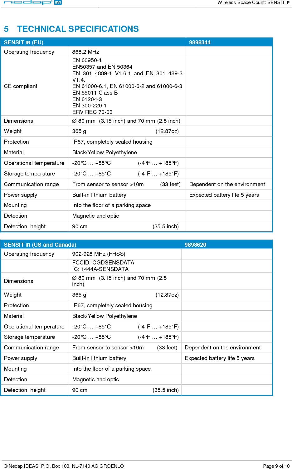   Wireless Space Count: SENSIT IR  © Nedap IDEAS, P.O. Box 103, NL-7140 AC GROENLO  Page 9 of 10   5  TECHNICAL SPECIFICATIONS SENSIT IR (EU)  9898344 Operating frequency  868.2 MHz   CE compliant EN 60950-1 EN50357 and EN 50364 EN  301  4889-1  V1.6.1  and  EN  301  489-3 V1.4.1 EN 61000-6.1, EN 61000-6-2 and 61000-6-3 EN 55011 Class B EN 61204-3  EN 300-220-1 ERV REC 70-03  Dimensions  Ø 80 mm  (3.15 inch) and 70 mm (2.8 inch)   Weight  365 g  (12.87oz)   Protection   IP67, completely sealed housing   Material   Black/Yellow Polyethylene   Operational temperature  -20°C … +85°C     (-4°F … +185°F)   Storage temperature  -20°C … +85°C                 (-4°F … +185°F)   Communication range  From sensor to sensor &gt;10m          (33 feet)   Dependent on the environment Power supply  Built-in lithium battery   Expected battery life 5 years Mounting  Into the floor of a parking space   Detection  Magnetic and optic   Detection  height  90 cm   (35.5 inch)    SENSIT IR (US and Canada)  9898620 Operating frequency  902-928 MHz (FHSS)    FCCID: CGDSENSDATA IC: 1444A-SENSDATA    Dimensions  Ø 80 mm  (3.15 inch) and 70 mm (2.8 inch)   Weight  365 g  (12.87oz)  Protection  IP67, completely sealed housing   Material  Black/Yellow Polyethylene   Operational temperature  -20°C … +85°C     (-4°F … +185°F)  Storage temperature  -20°C … +85°C                 (-4°F … +185°F)  Communication range  From sensor to sensor &gt;10m        (33 feet)  Dependent on the environment Power supply  Built-in lithium battery   Expected battery life 5 years Mounting  Into the floor of a parking space   Detection  Magnetic and optic   Detection  height  90 cm   (35.5 inch)  