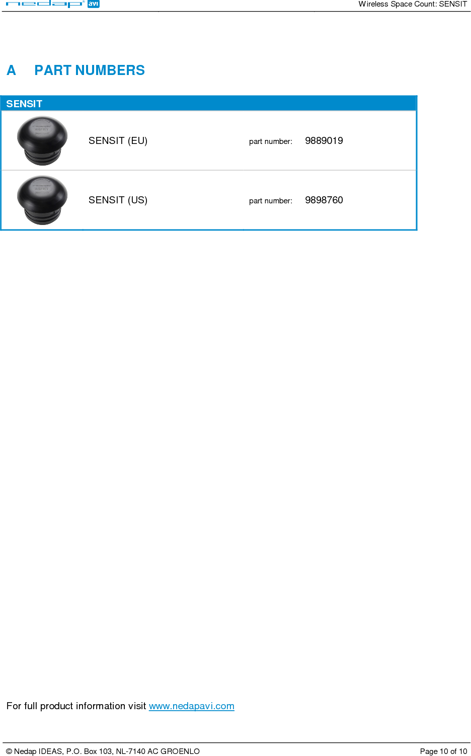   Wireless Space Count: SENSIT  © Nedap IDEAS, P.O. Box 103, NL-7140 AC GROENLO  Page 10 of 10     A  PART NUMBERS  SENSIT   SENSIT (EU)  part number:   9889019  SENSIT (US)  part number:   9898760             For full product information visit www.nedapavi.com 