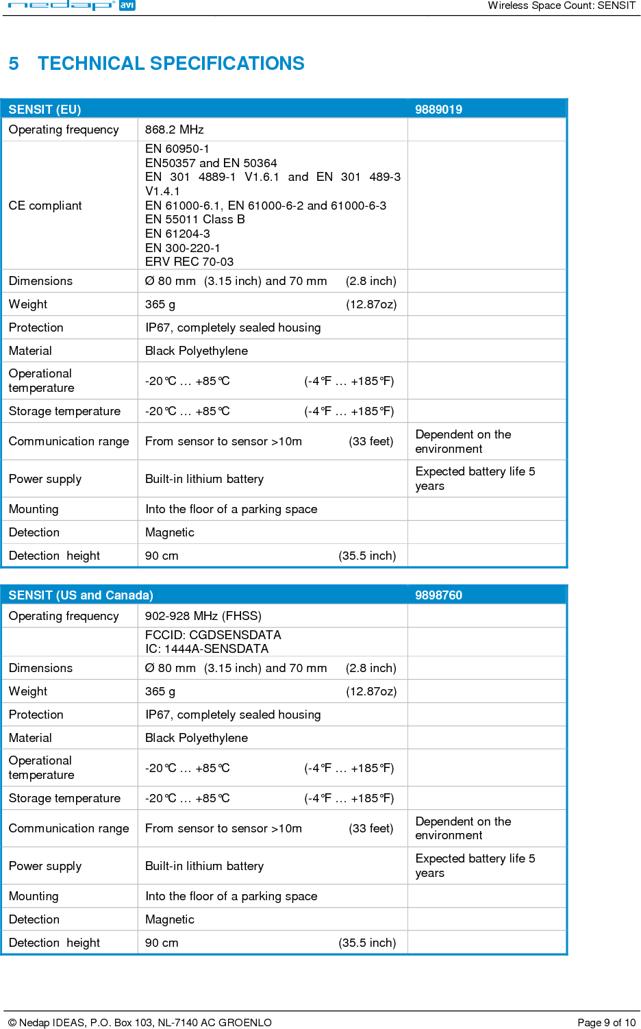   Wireless Space Count: SENSIT  © Nedap IDEAS, P.O. Box 103, NL-7140 AC GROENLO  Page 9 of 10   5  TECHNICAL SPECIFICATIONS  SENSIT (EU)  9889019 Operating frequency  868.2 MHz   CE compliant EN 60950-1 EN50357 and EN 50364 EN  301  4889-1  V1.6.1  and  EN  301  489-3 V1.4.1 EN 61000-6.1, EN 61000-6-2 and 61000-6-3 EN 55011 Class B EN 61204-3  EN 300-220-1 ERV REC 70-03  Dimensions  Ø 80 mm  (3.15 inch) and 70 mm     (2.8 inch)   Weight  365 g                                                (12.87oz)   Protection   IP67, completely sealed housing   Material   Black Polyethylene   Operational temperature  -20°C … +85°C                     (-4°F … +185°F)   Storage temperature  -20°C … +85°C                     (-4°F … +185°F)   Communication range  From sensor to sensor &gt;10m             (33 feet)  Dependent on the environment Power supply  Built-in lithium battery   Expected battery life 5 years Mounting  Into the floor of a parking space   Detection  Magnetic   Detection  height  90 cm                                             (35.5 inch)    SENSIT (US and Canada)  9898760 Operating frequency  902-928 MHz (FHSS)    FCCID: CGDSENSDATA IC: 1444A-SENSDATA    Dimensions  Ø 80 mm  (3.15 inch) and 70 mm     (2.8 inch)   Weight  365 g                                                (12.87oz)   Protection  IP67, completely sealed housing   Material  Black Polyethylene   Operational temperature  -20°C … +85°C                     (-4°F … +185°F)   Storage temperature  -20°C … +85°C                     (-4°F … +185°F)   Communication range  From sensor to sensor &gt;10m             (33 feet)  Dependent on the environment Power supply  Built-in lithium battery   Expected battery life 5 years Mounting  Into the floor of a parking space   Detection  Magnetic   Detection  height  90 cm                                             (35.5 inch)   