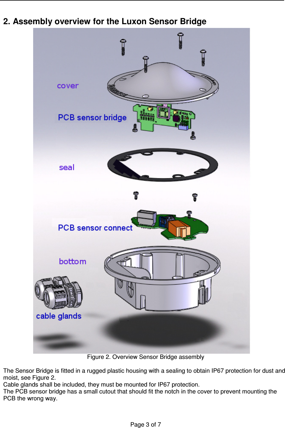   Page 3 of 7    2. Assembly overview for the Luxon Sensor Bridge    Figure 2. Overview Sensor Bridge assembly  The Sensor Bridge is fitted in a rugged plastic housing with a sealing to obtain IP67 protection for dust and moist, see Figure 2.  Cable glands shall be included, they must be mounted for IP67 protection. The PCB sensor bridge has a small cutout that should fit the notch in the cover to prevent mounting the PCB the wrong way.  