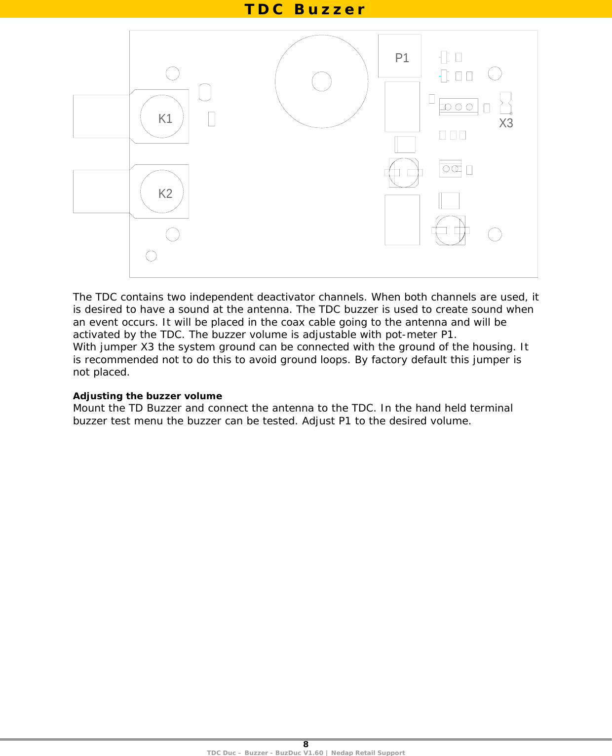 8 TDC Duc – Buzzer - BuzDuc V1.60 | Nedap Retail Support   K1K2P1X3  The TDC contains two independent deactivator channels. When both channels are used, it is desired to have a sound at the antenna. The TDC buzzer is used to create sound when an event occurs. It will be placed in the coax cable going to the antenna and will be activated by the TDC. The buzzer volume is adjustable with pot-meter P1. With jumper X3 the system ground can be connected with the ground of the housing. It is recommended not to do this to avoid ground loops. By factory default this jumper is not placed.   Adjusting the buzzer volume Mount the TD Buzzer and connect the antenna to the TDC. In the hand held terminal buzzer test menu the buzzer can be tested. Adjust P1 to the desired volume.   TDC Buzzer 